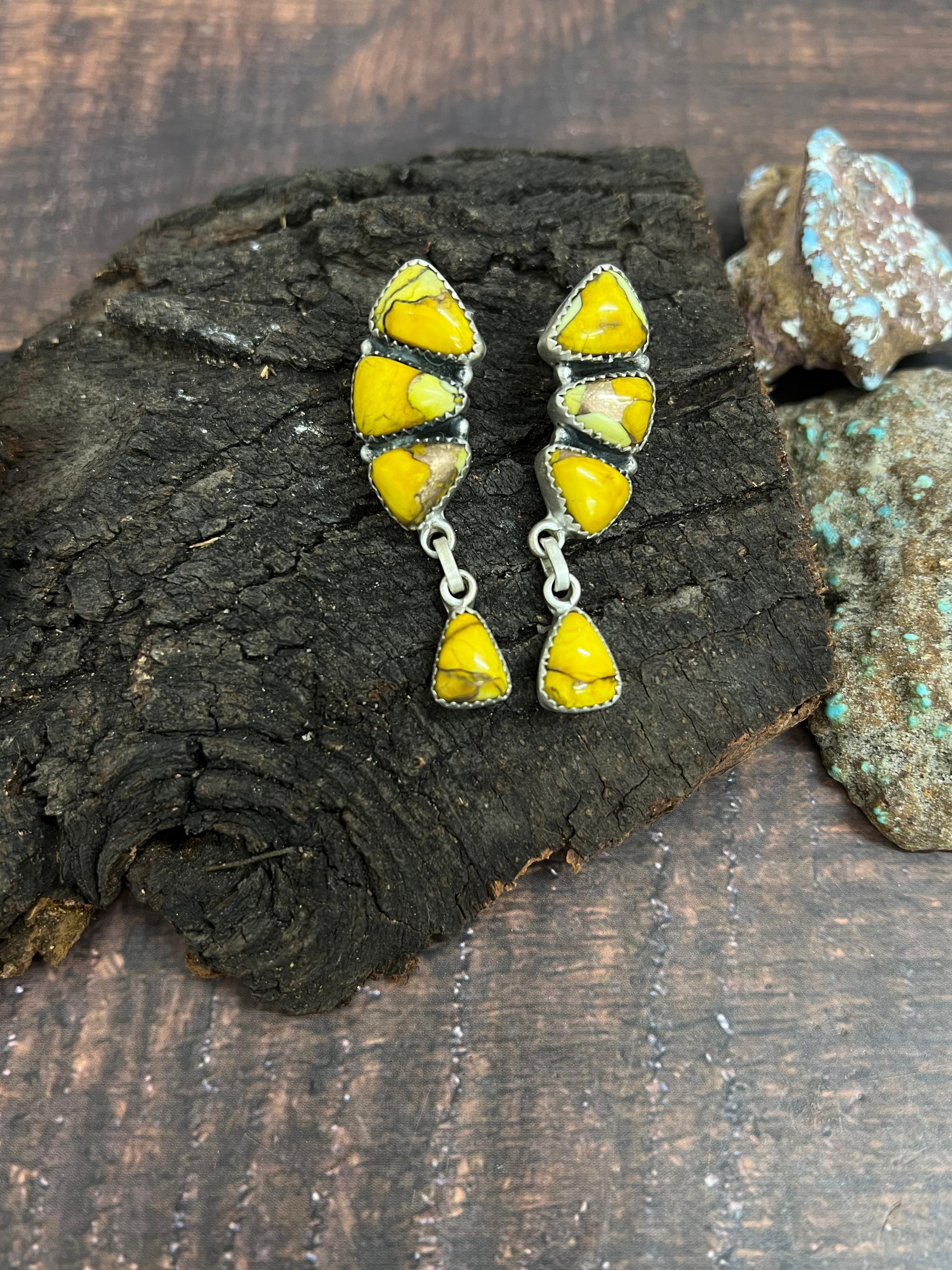 Handmade Sterling Silver Honey Dahlia Post Dangle Earrings with Signed Nizhoni