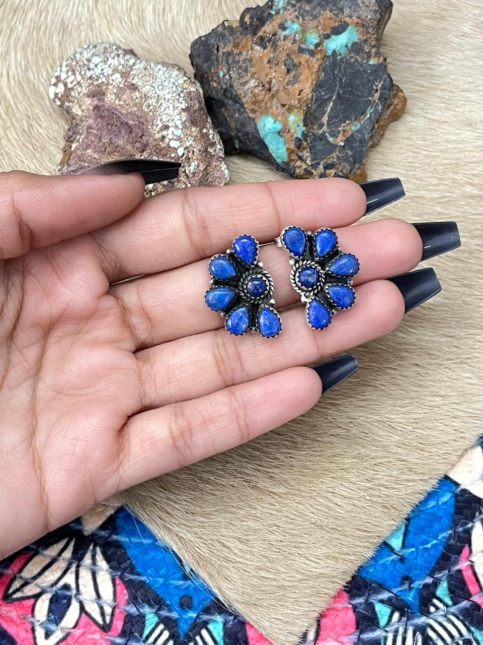 Handmade Sterling Silver Lapis Post Studs Earrings "Signed Nizhoni"