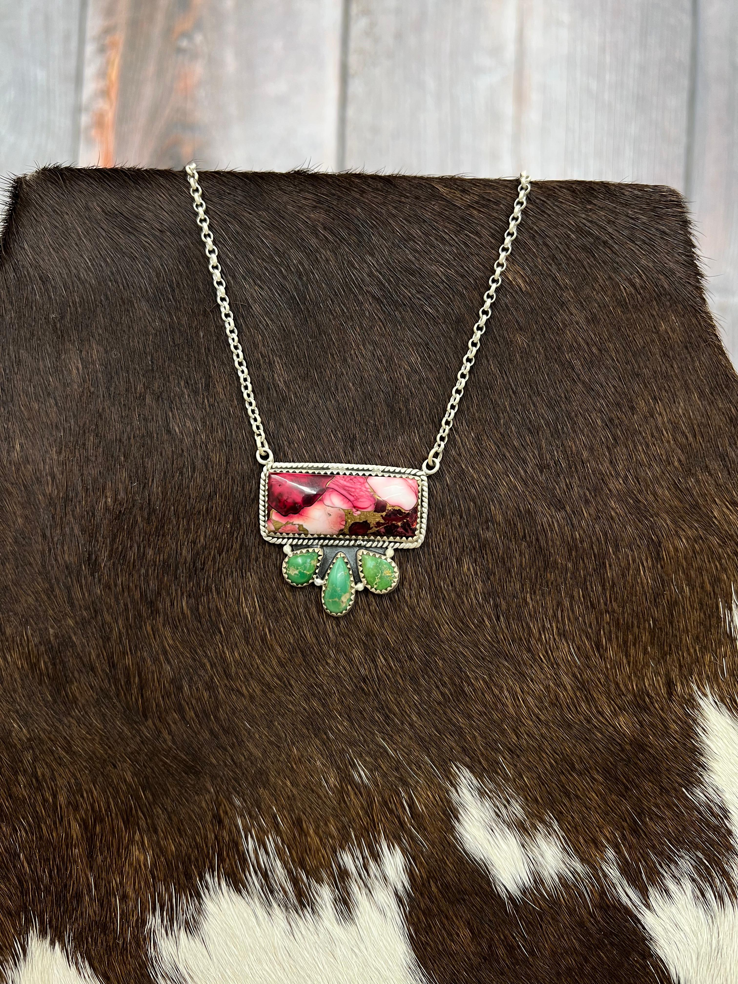 Handmade Sterling Silver Emerald Valley with Dahlia Rose Necklace, Signed Nizhoni