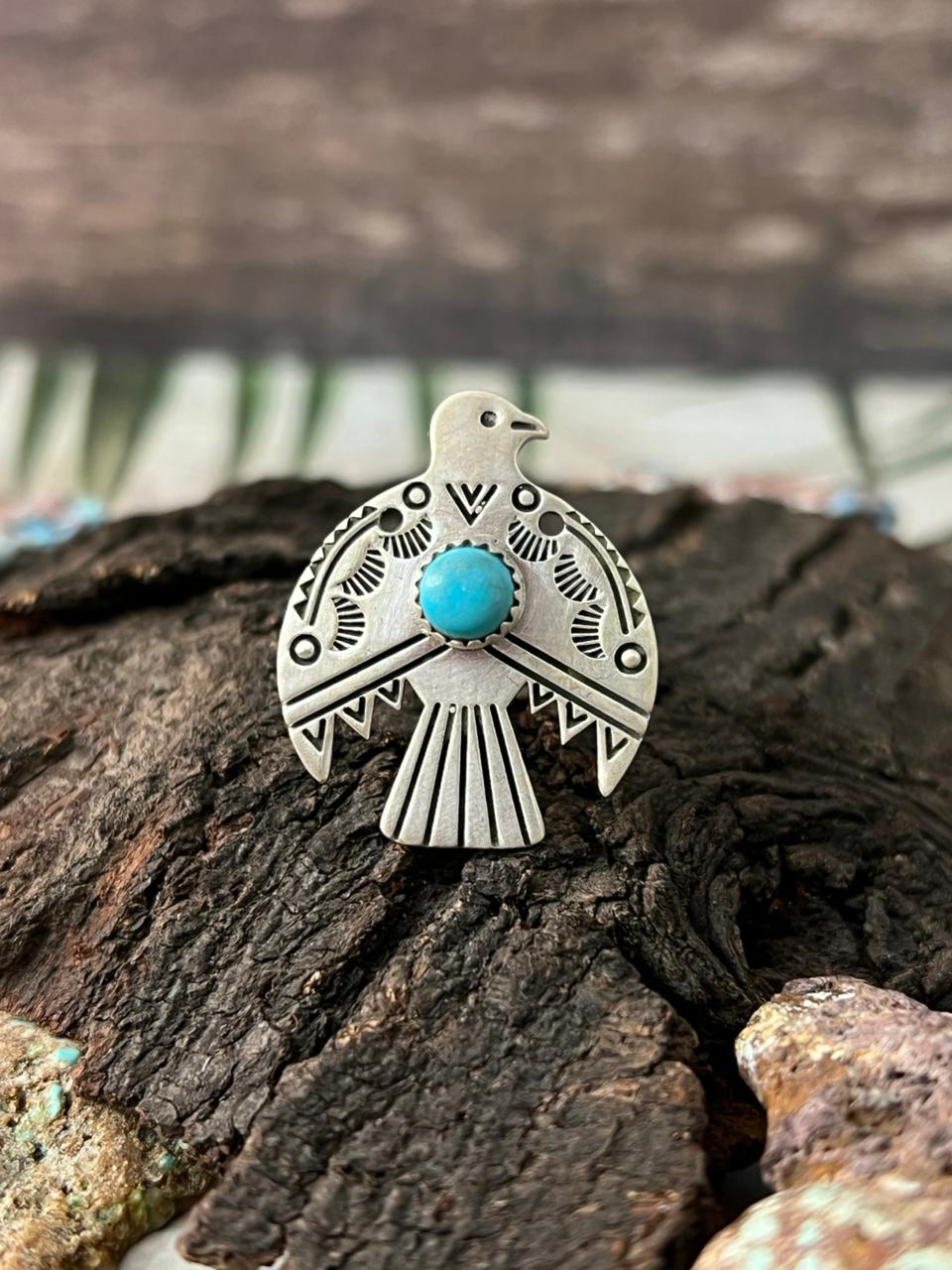 Handmade Sterling Silver Kingman Turquoise Thunder Bird Adjustable Ring "Signed Nizhoni"