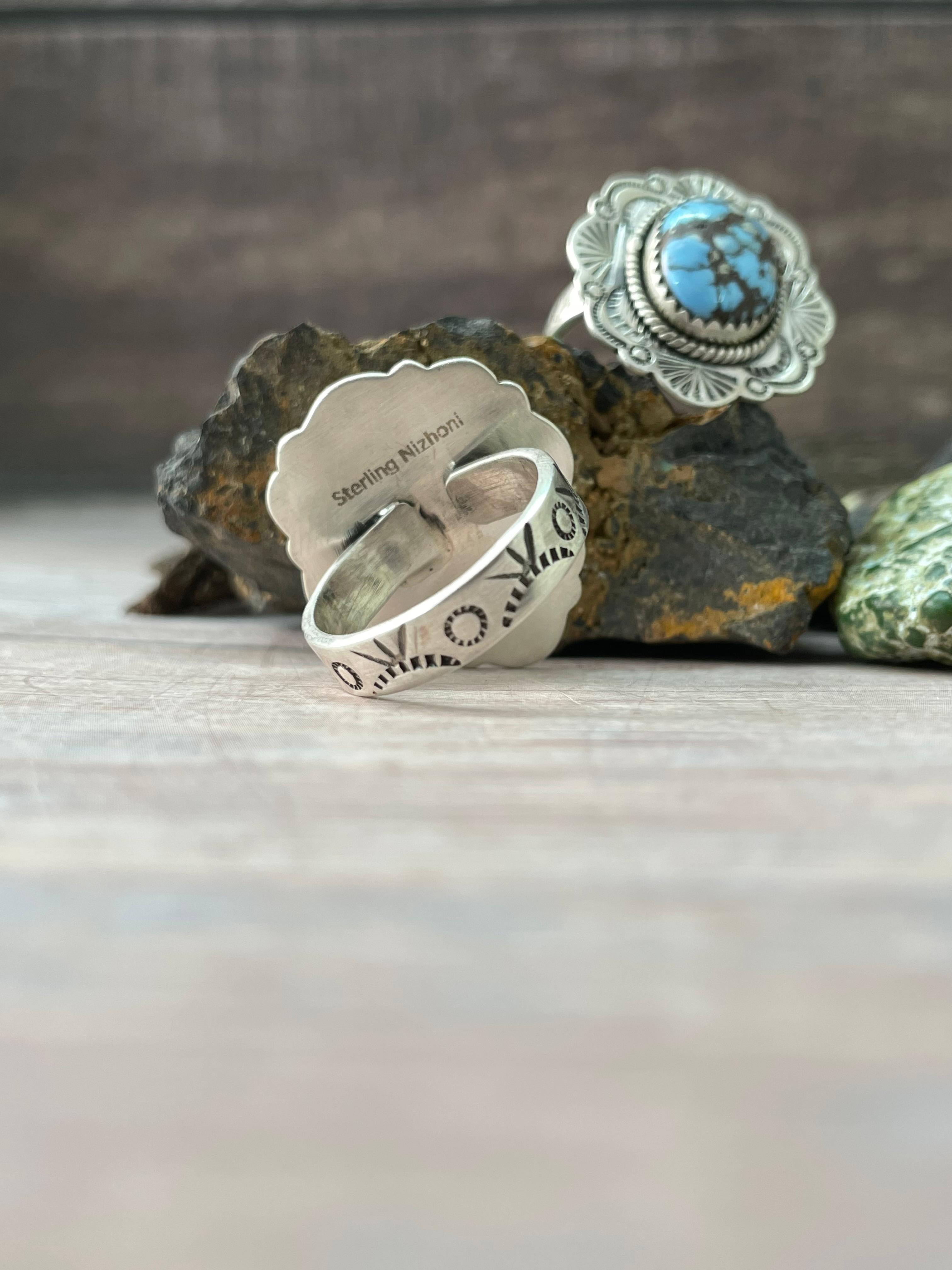 Handmade Sterling Silver Golden Hills, Sonoran Mountain Turquoise Adjustable Ring "Signed Nizhoni"