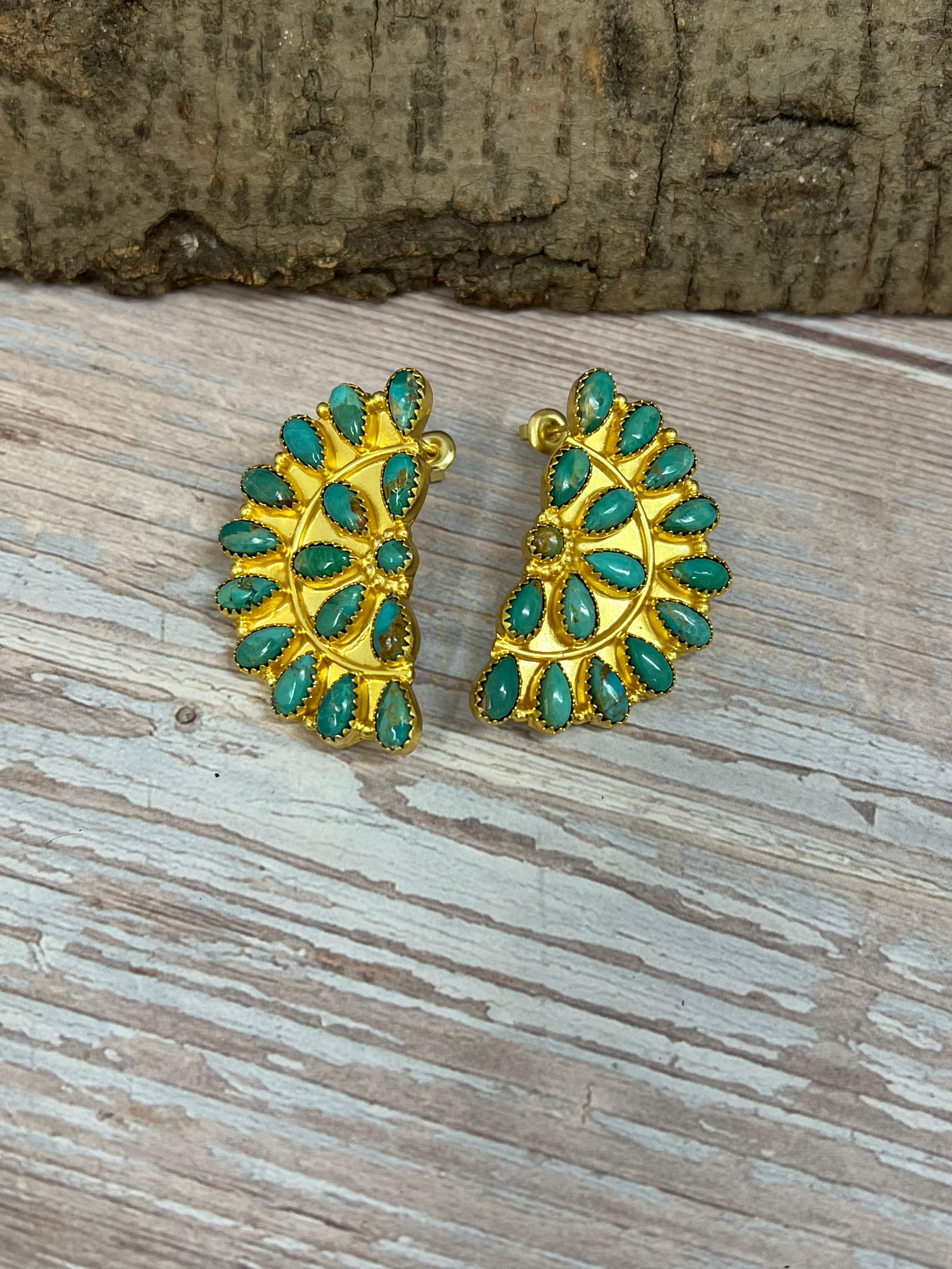 “The Golden Collection” Handmade Sterling Silver Kingman Turquoise Post Crescent Earrings Signed Nizhoni