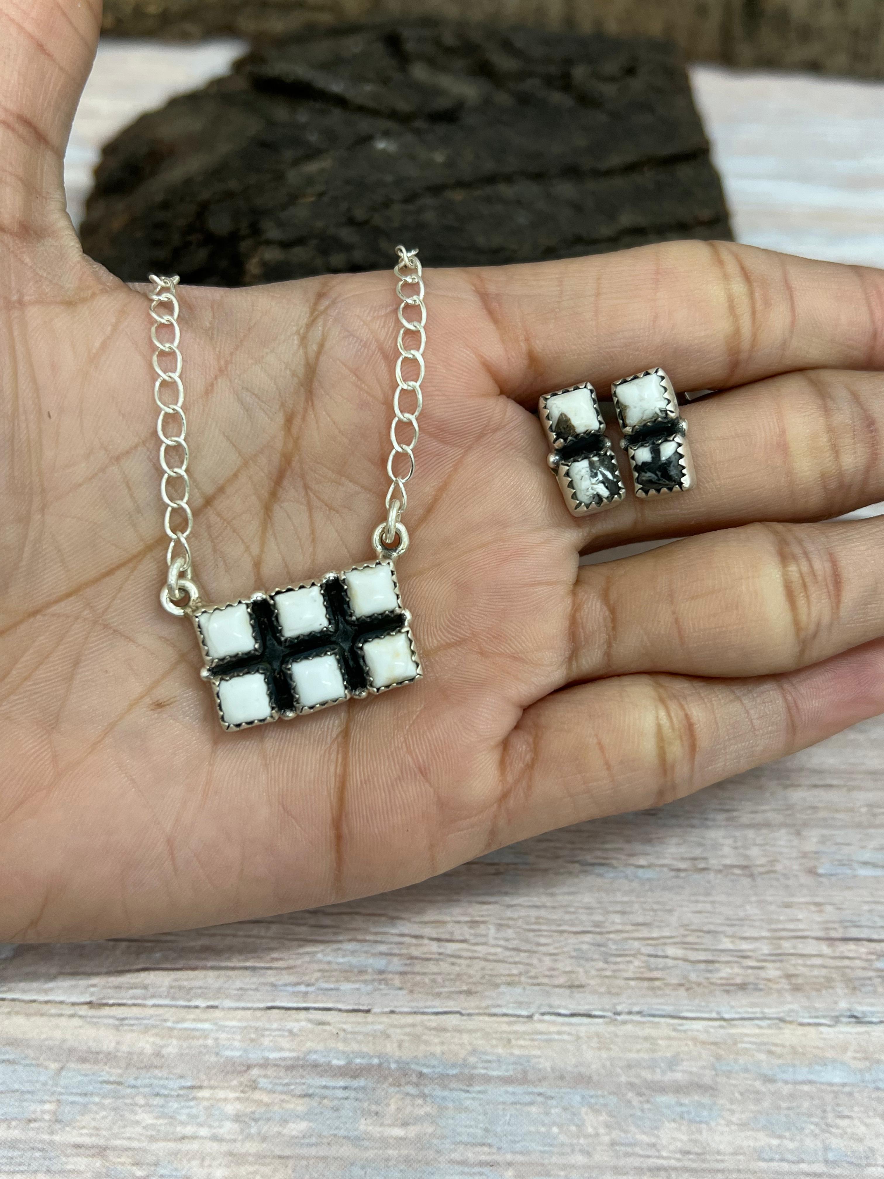 Handmade Sterling Silver White Buffalo Necklace & Earrings Set Signed Nizhoni