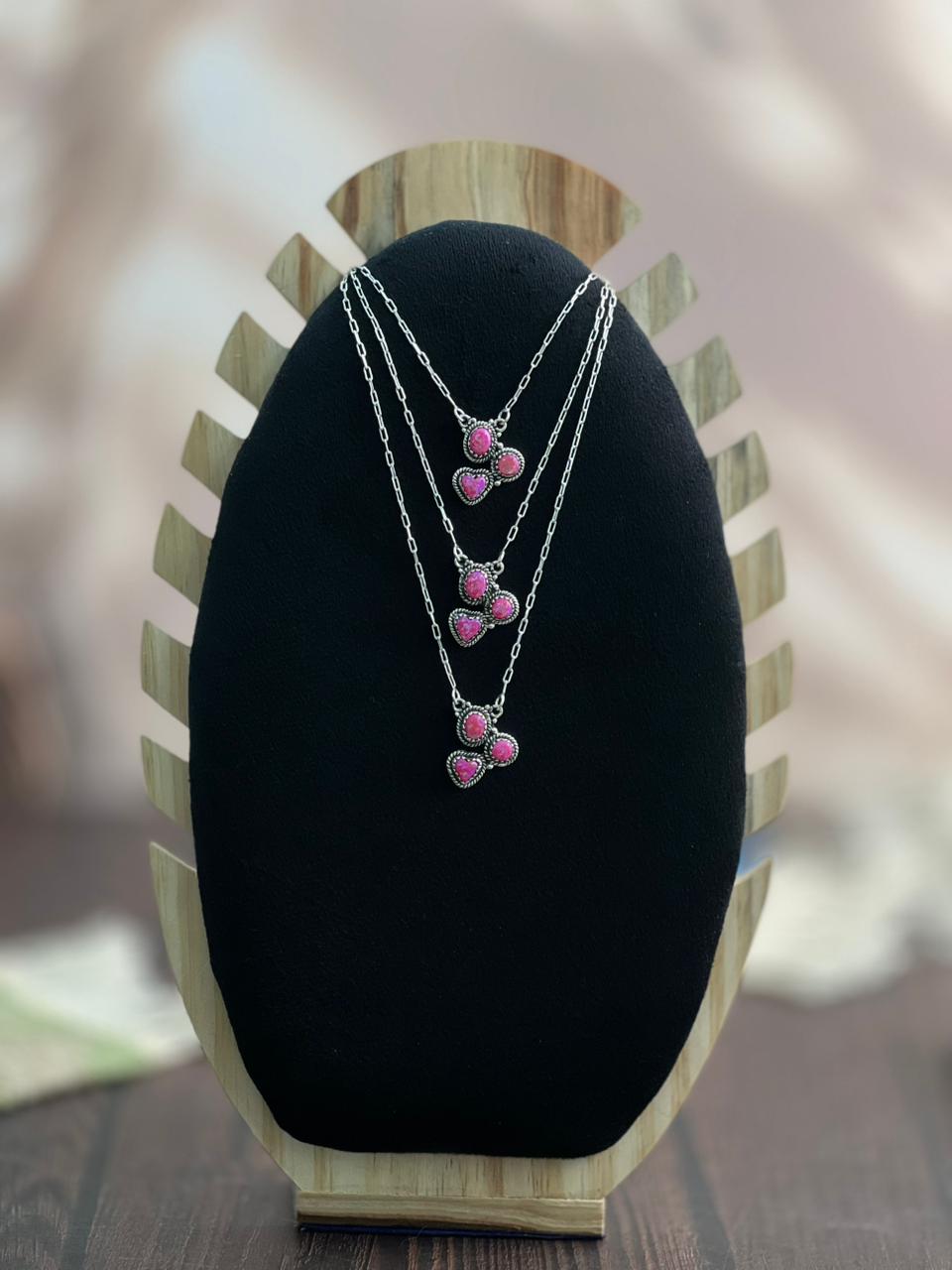 "Heart Collection" Handmade Sterling Silver Hot Pink Necklace "Signed Nizhoni"