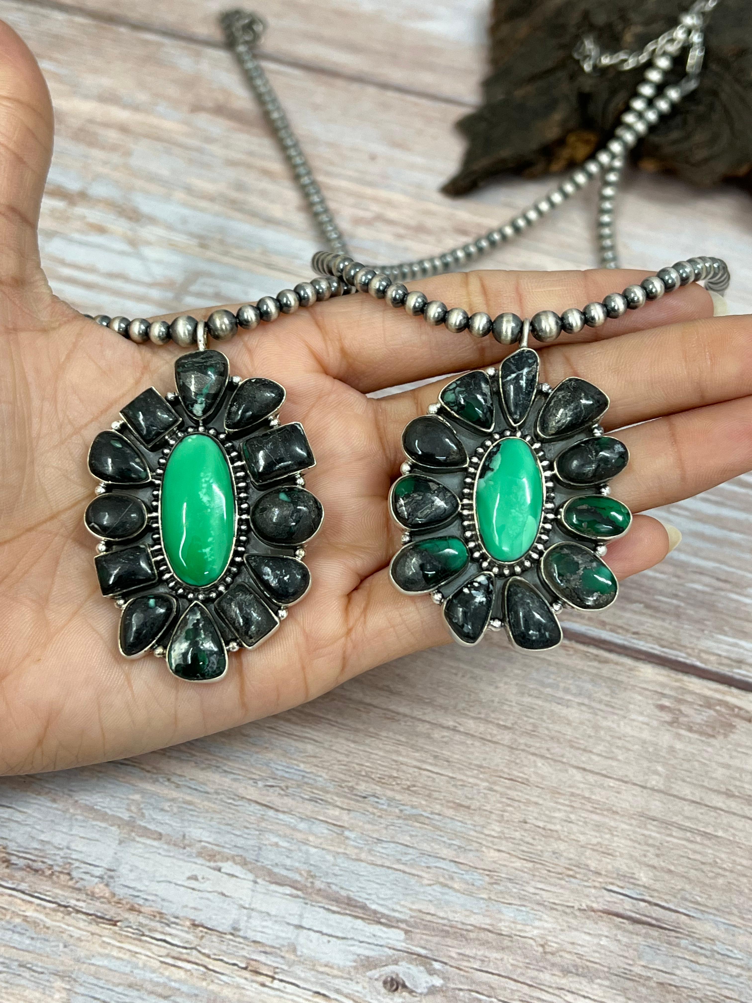 Handmade Sterling Silver Emerald Rose Beaded Necklace with Signed Nizhoni