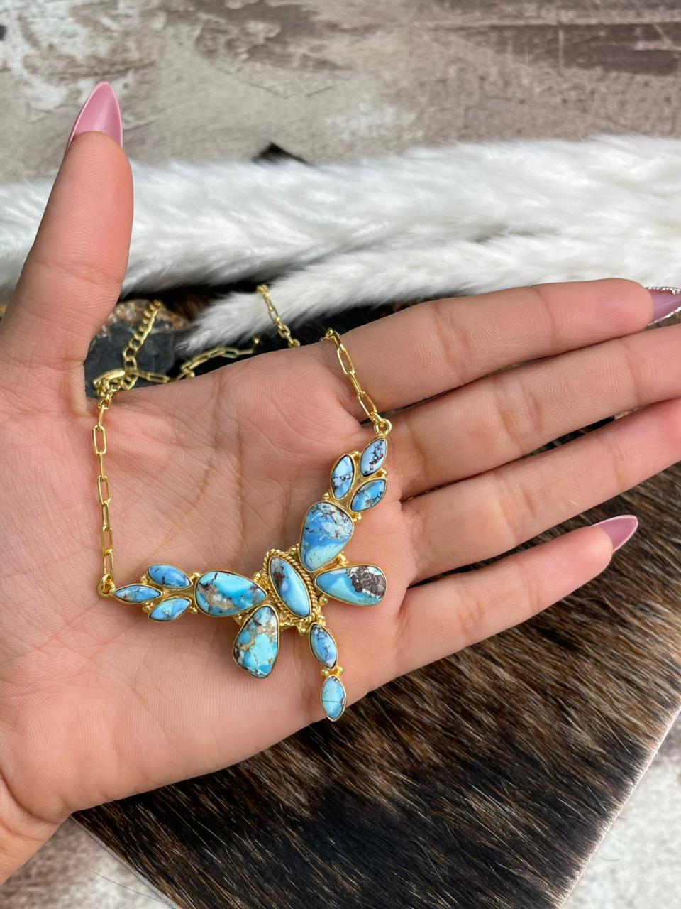 “The Golden Collection” Handmade Natural Golden Hills Turquoise Dragonfly Necklace