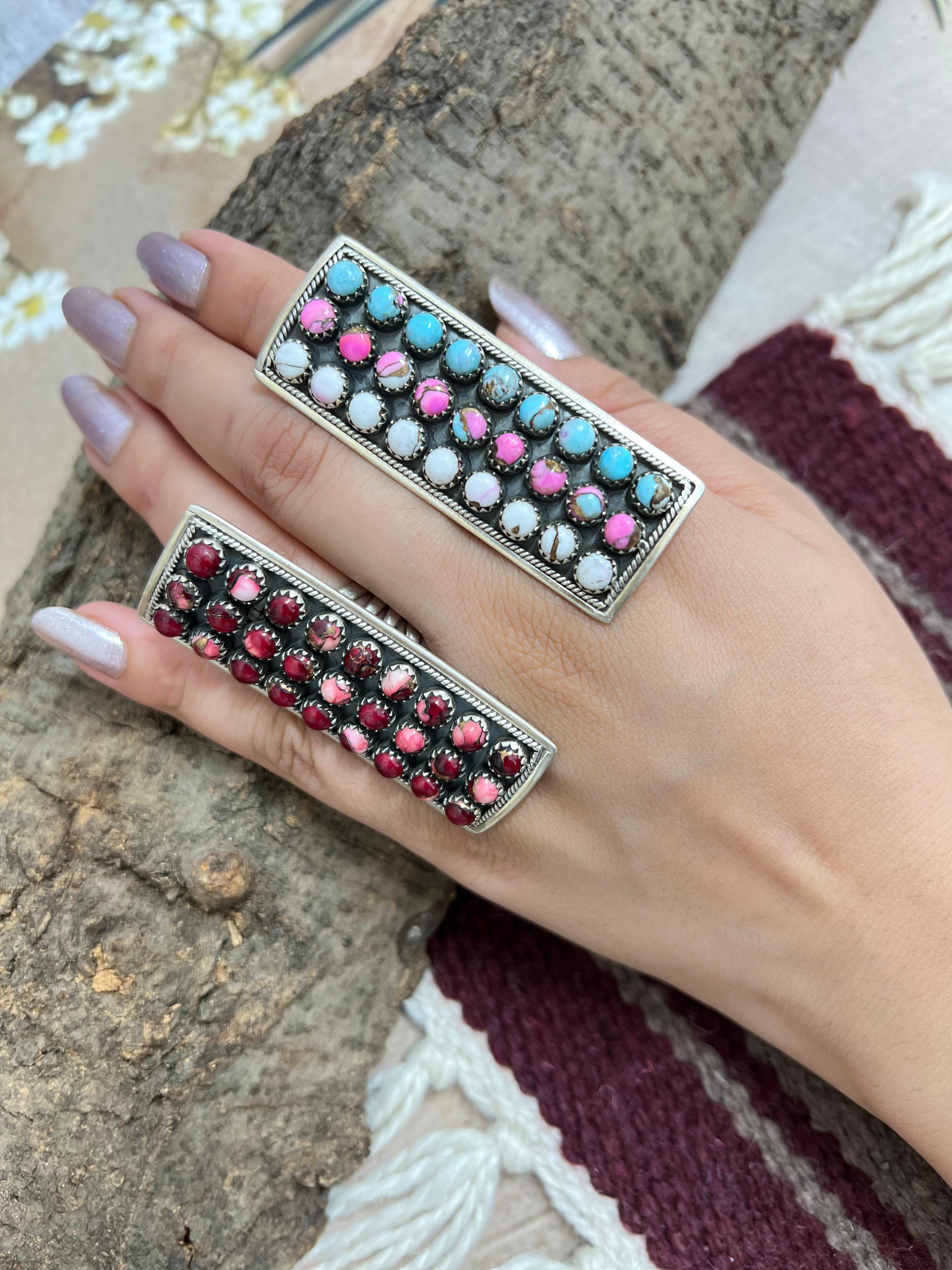 Handmade Sterling Silver Cotton Candy, Dahlia Rose Adjustable Rings with Signed Nizhoni