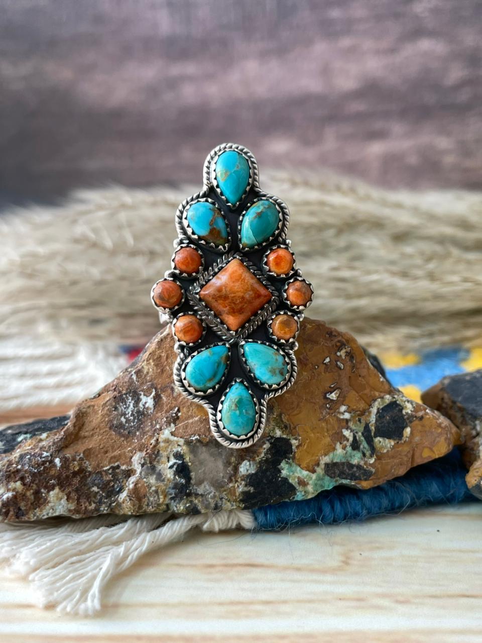 Handmade Sterling Silver Kingman with Orange Mojave Adjustable Ring "Signed Nizhoni"