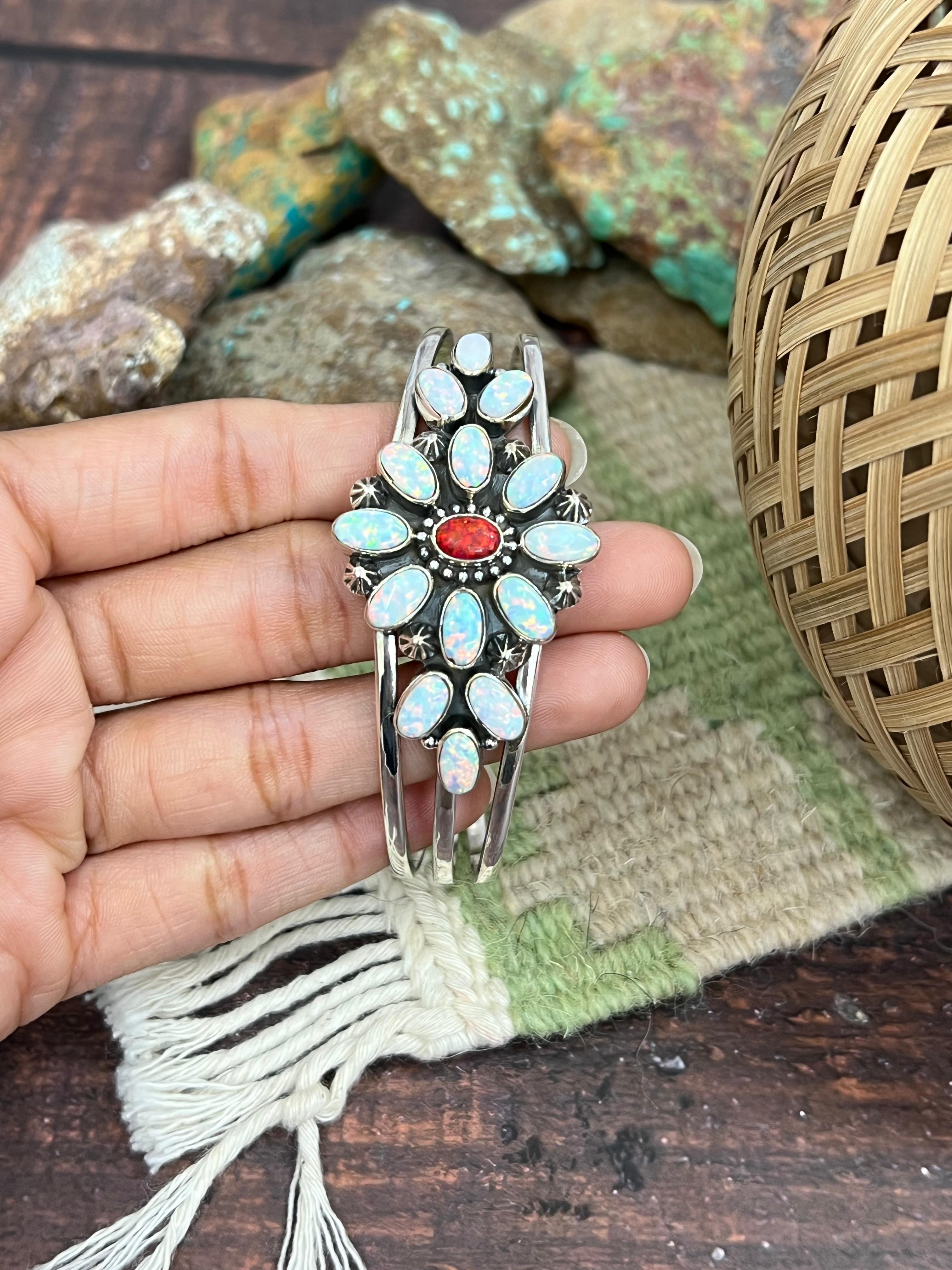 ** 4TH OF JULY ** Handmade Sterling Silver Synthetic Opal Cuff Bracelet with Signed Nizhoni