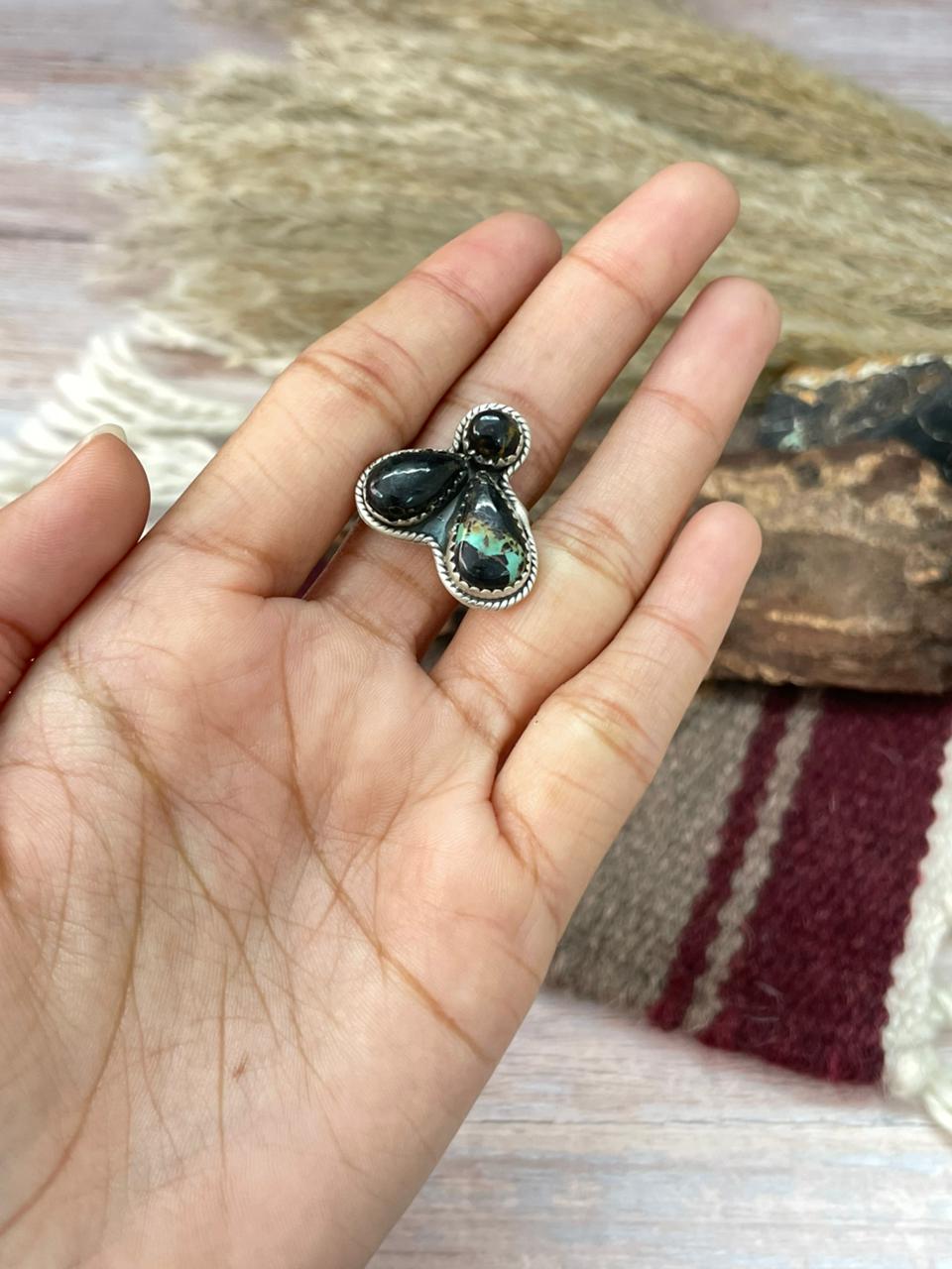 Handmade Sterling Silver Blackjack Turquoise Adjustable Ring "Signed Nizhoni"