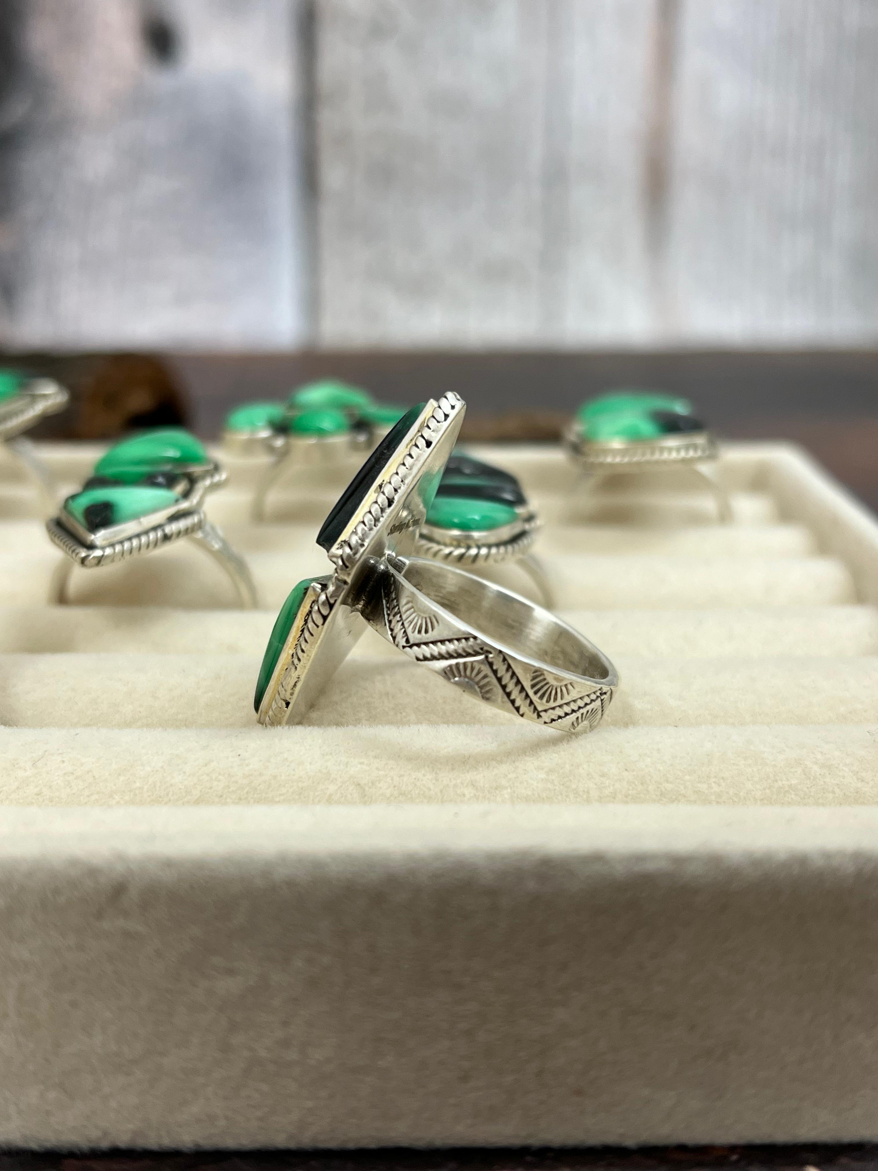 Handmade Sterling Silver Emerald Rose Variscite Adjustable Ring Signed Nizhoni