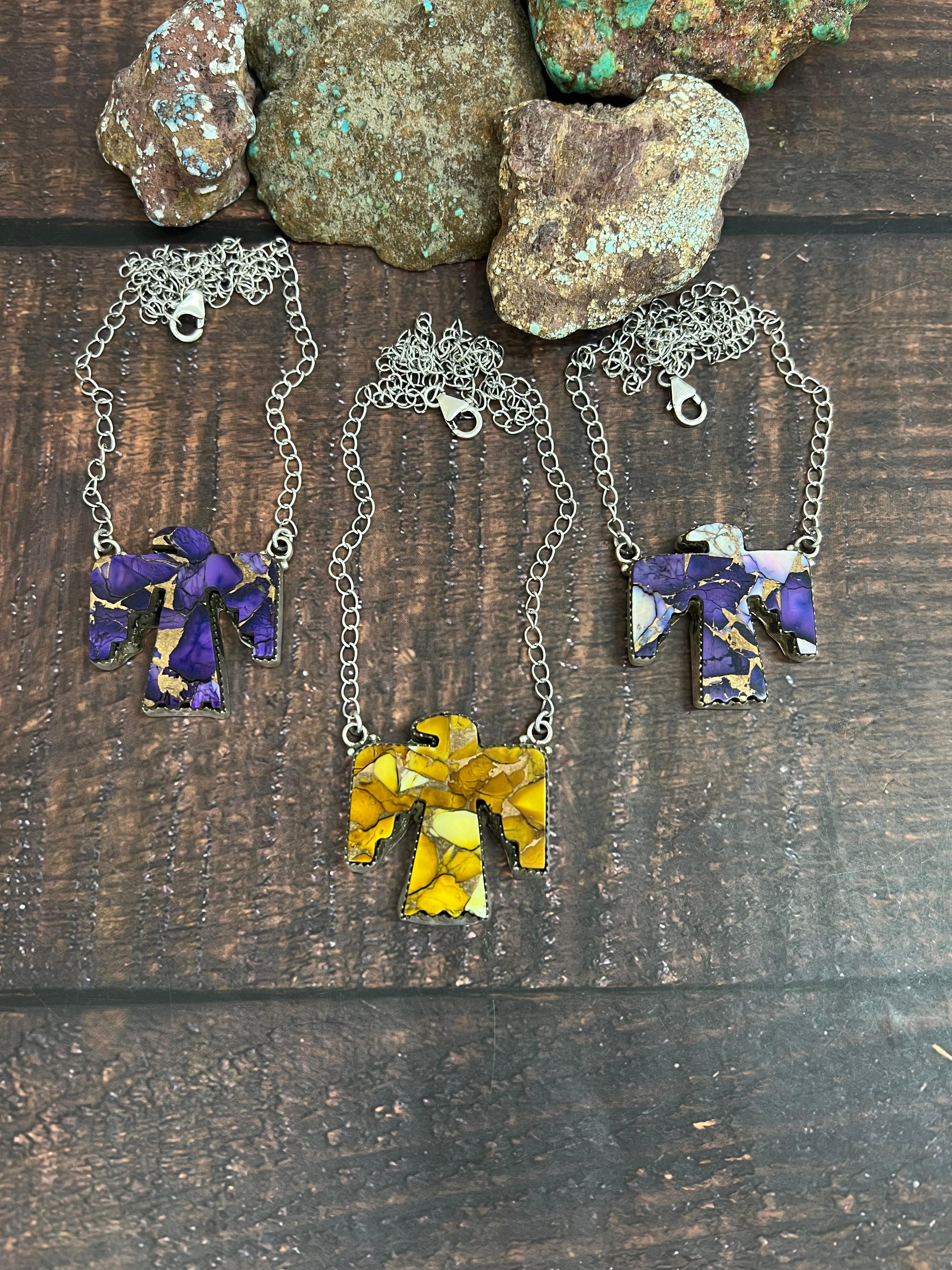 Handmade Sterling Silver Multi Gemstone Thunderbird Necklace with Signed Nizhoni