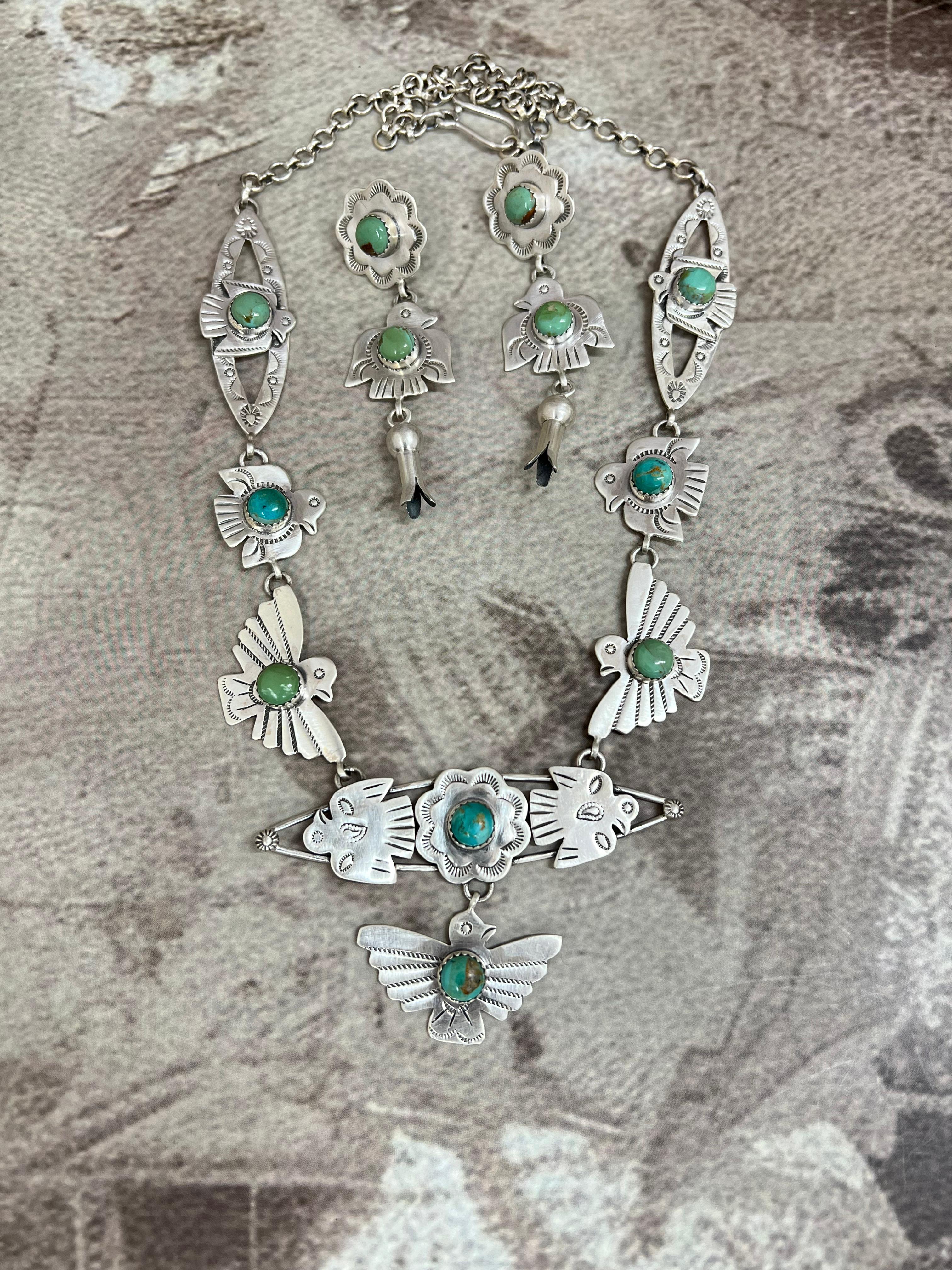 Handmade Sterling Silver Kingman Turquoise Necklace Earrings Set with Signed Nizhoni (1)
