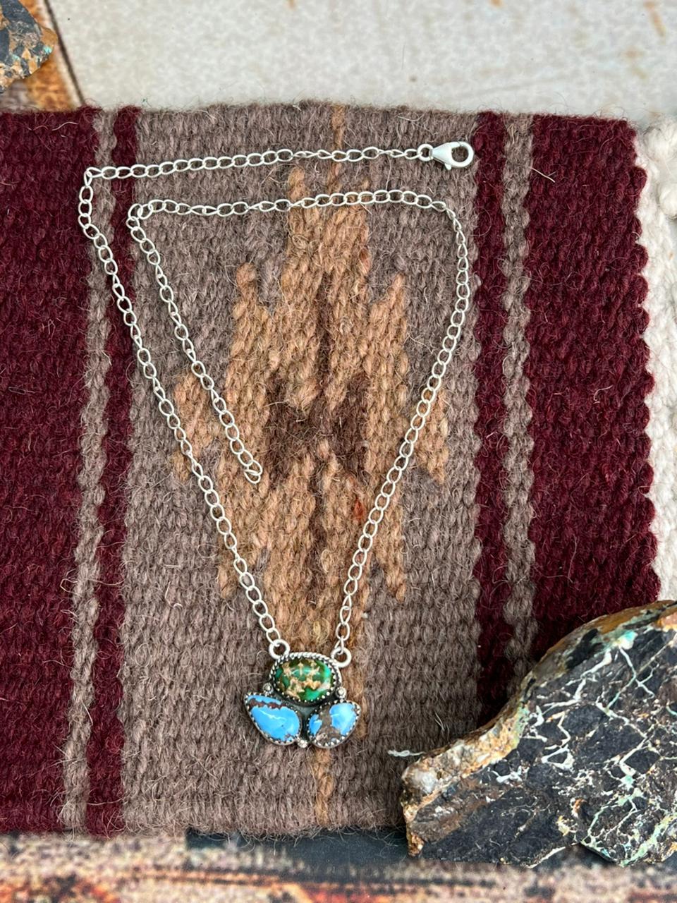 Handmade Sterling Silver Golden Hills Turquoise with Sonoran Mountain Turquoise Necklace "Signed Nizhoni"