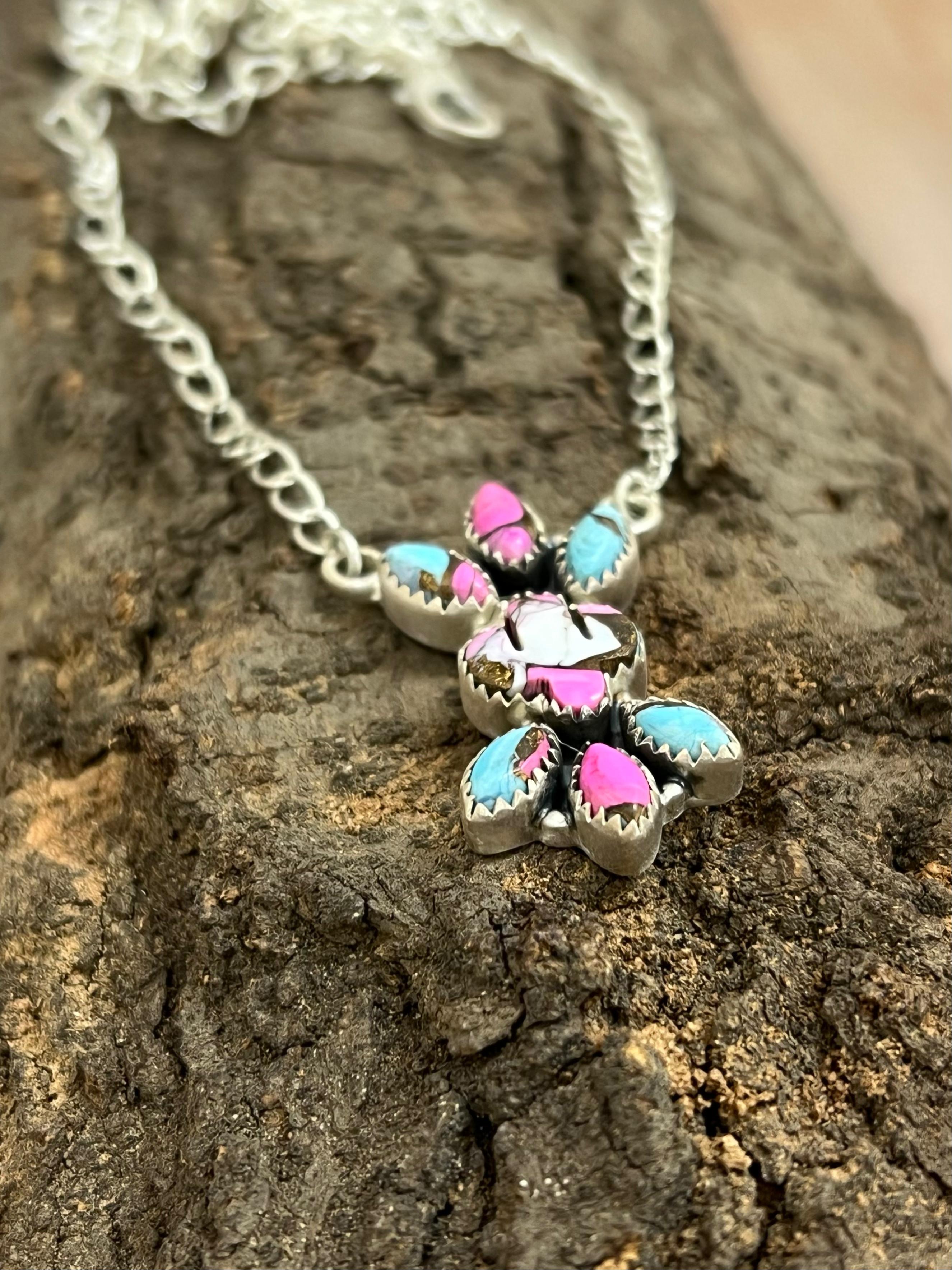 Handmade Sterling Silver Cotton Candy Turquoise Necklace with Signed Nizhoni