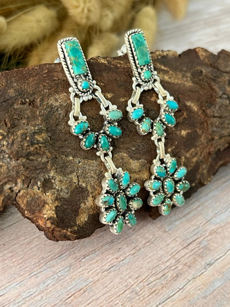 Handmade Sterling Silver Kingman Turquoise Post Dangle Earrings "Signed Nizhoni"