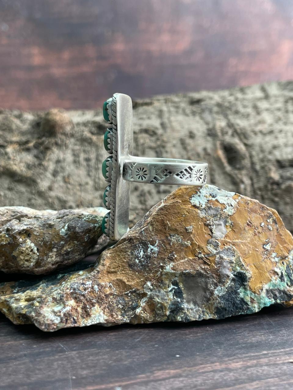 Handmade Sterling Silver Kingman Turquoise Bar Adjustable Ring "Signed Nizhoni"