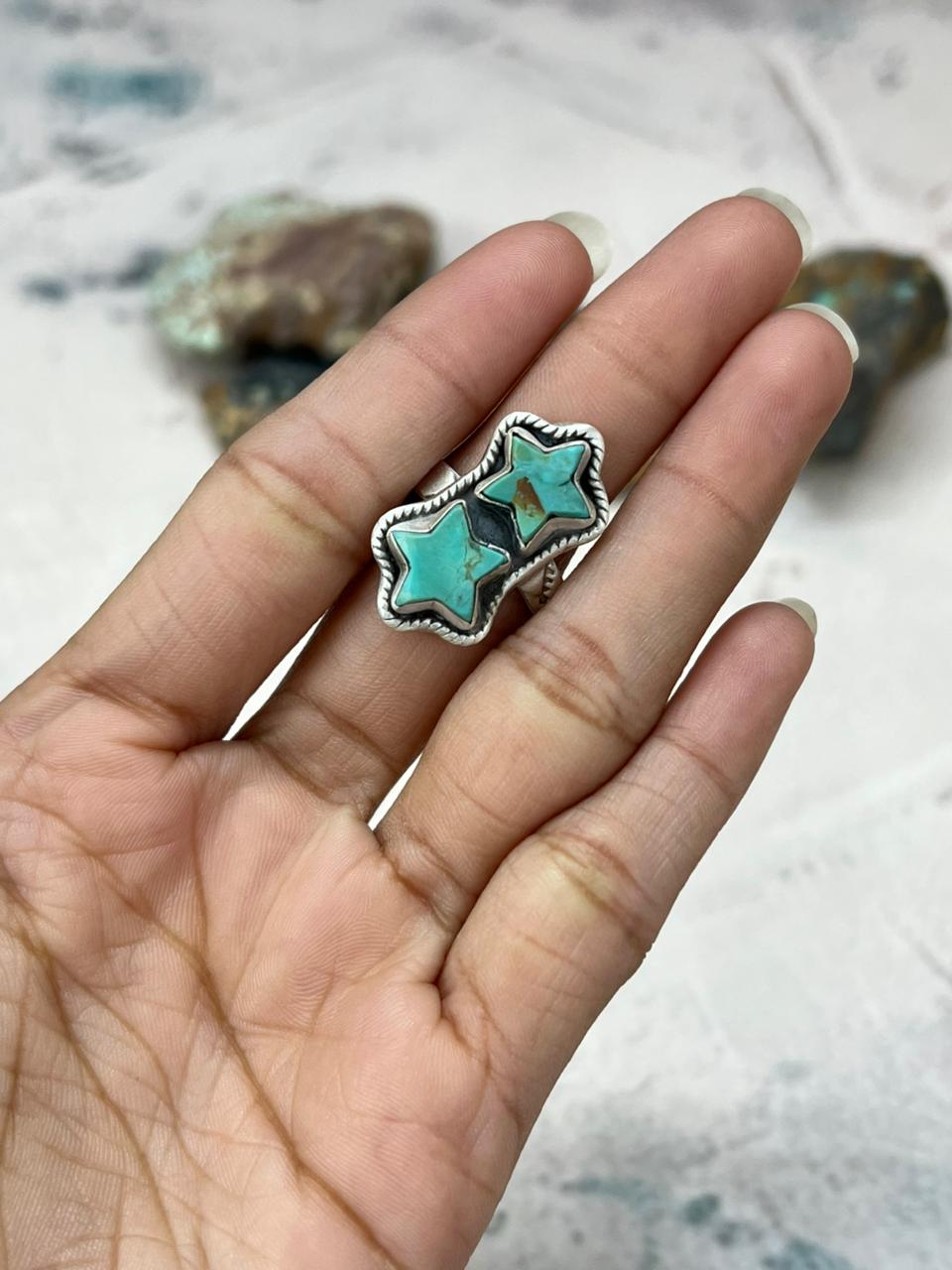 Handmade Sterling Silver Kingman Turquoise Star Adjustable Ring "Signed Nizhoni" (3)