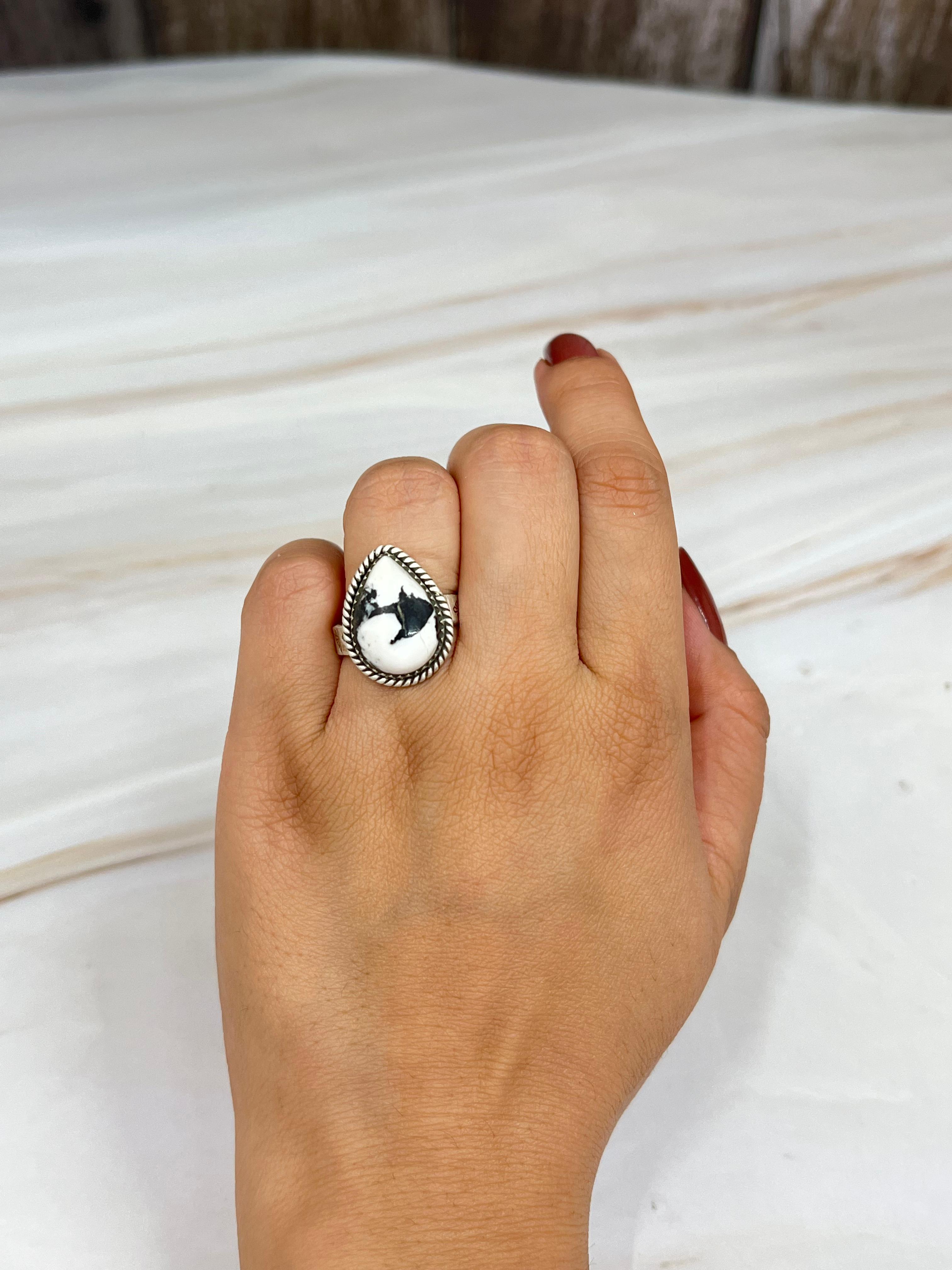 Handmade Sterling Silver White Buffalo Turquoise Adjustable Ring with Signed Nizhoni