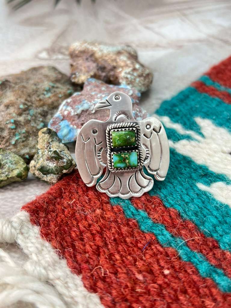 Handmade Sterling Silver Sonoran Mountain Turquoise Thunder Bird Adjustable Rings "Signed Nizhoni"