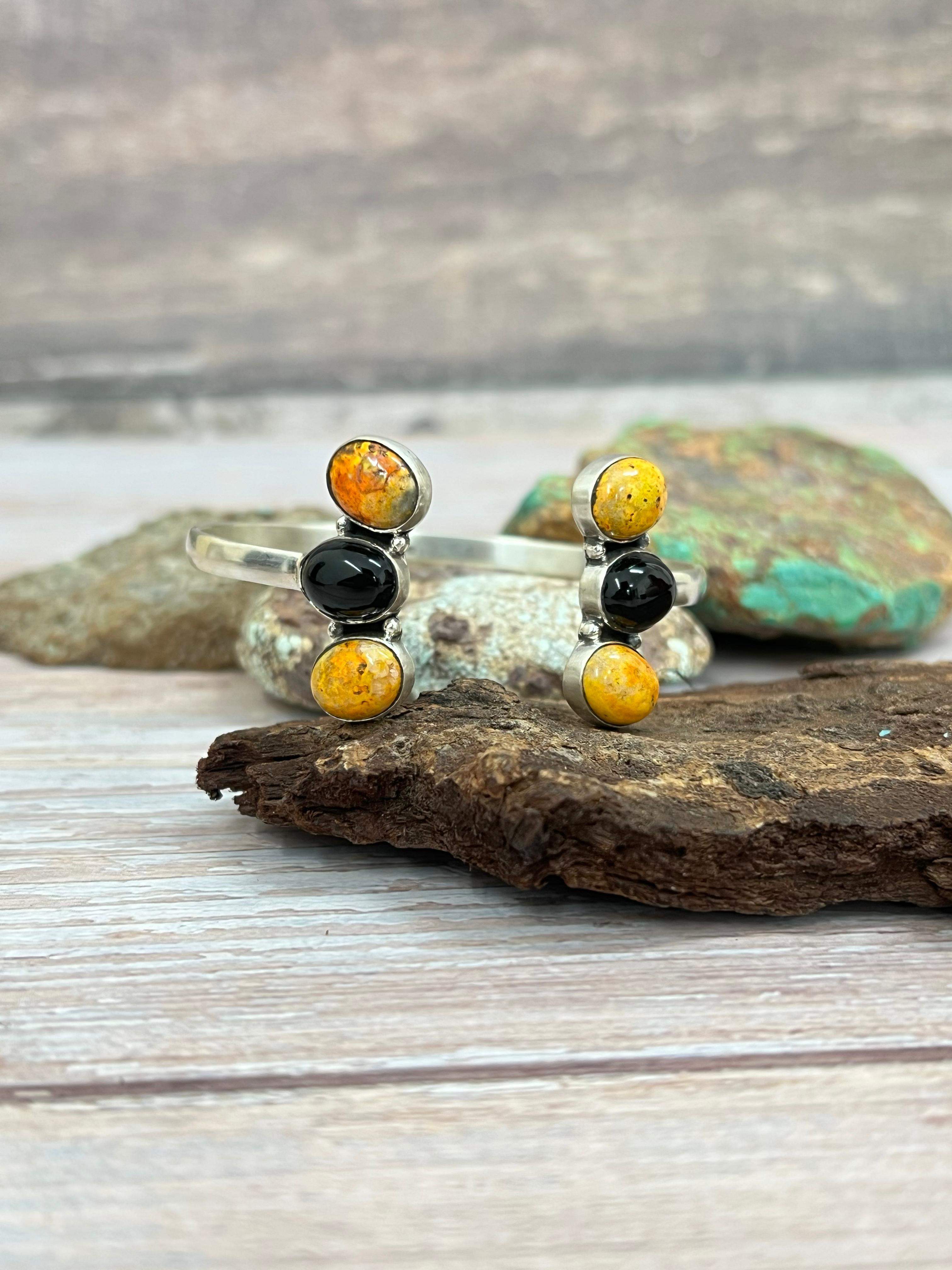 "Halloween Collection" Handmade Sterling Silver Black Onyx, Bumblebee Cuff Bracelet with Signed Nizhoni