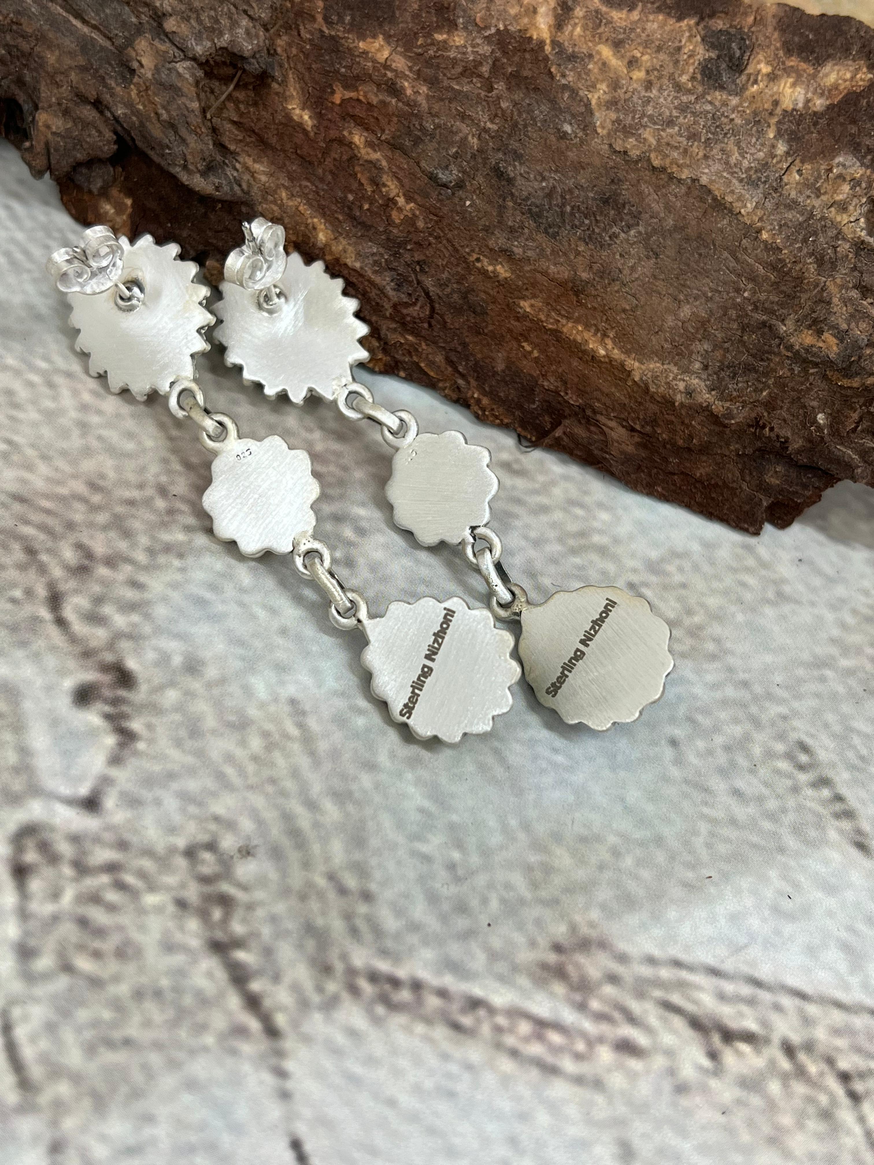 Handmade Sterling Silver Kingman Turquoise Post Dangle Earrings with Signed Nizhoni