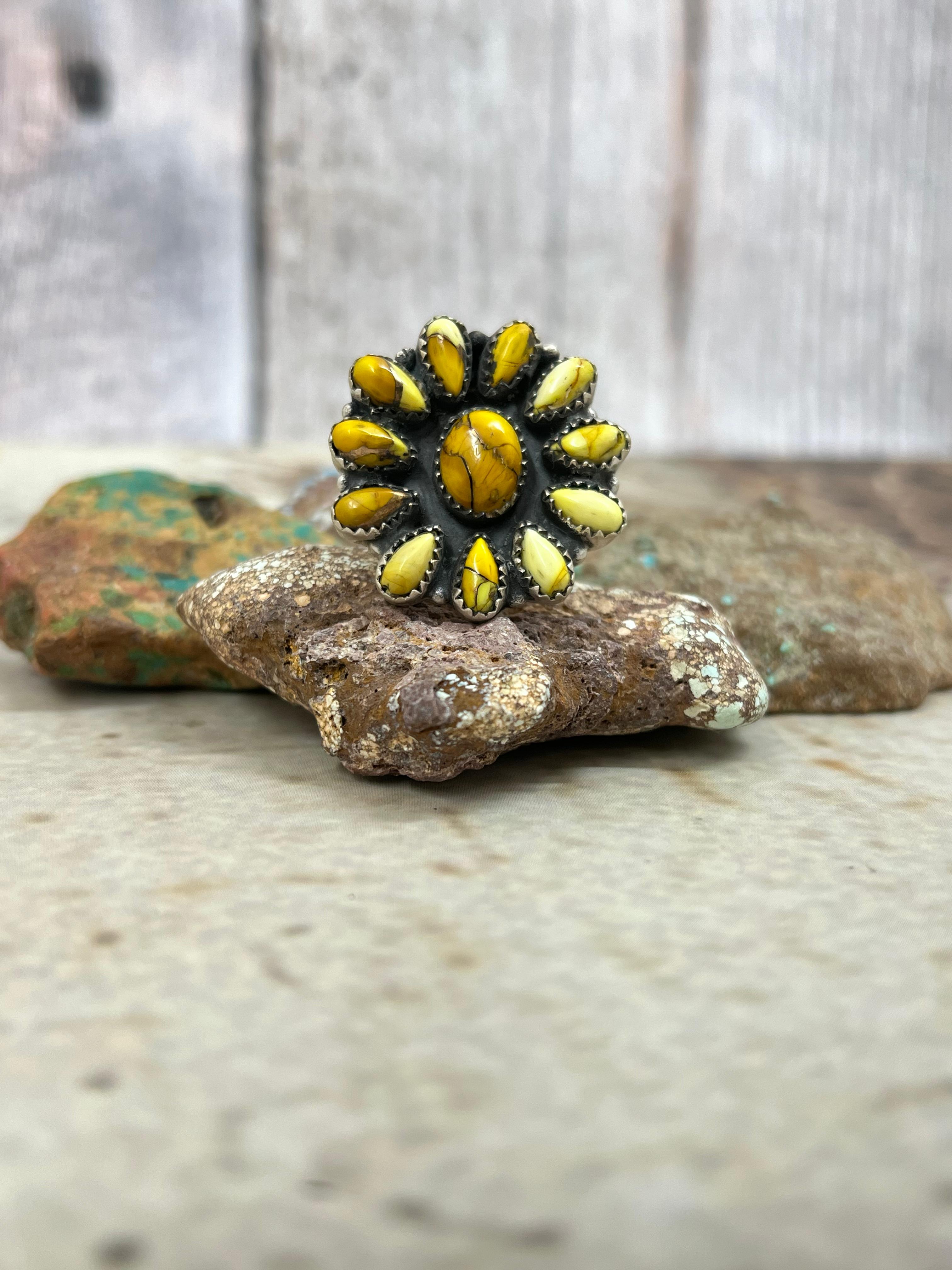 Handmade Sterling Silver Honey Dahlia Adjustable Ring with Signed Nizhoni