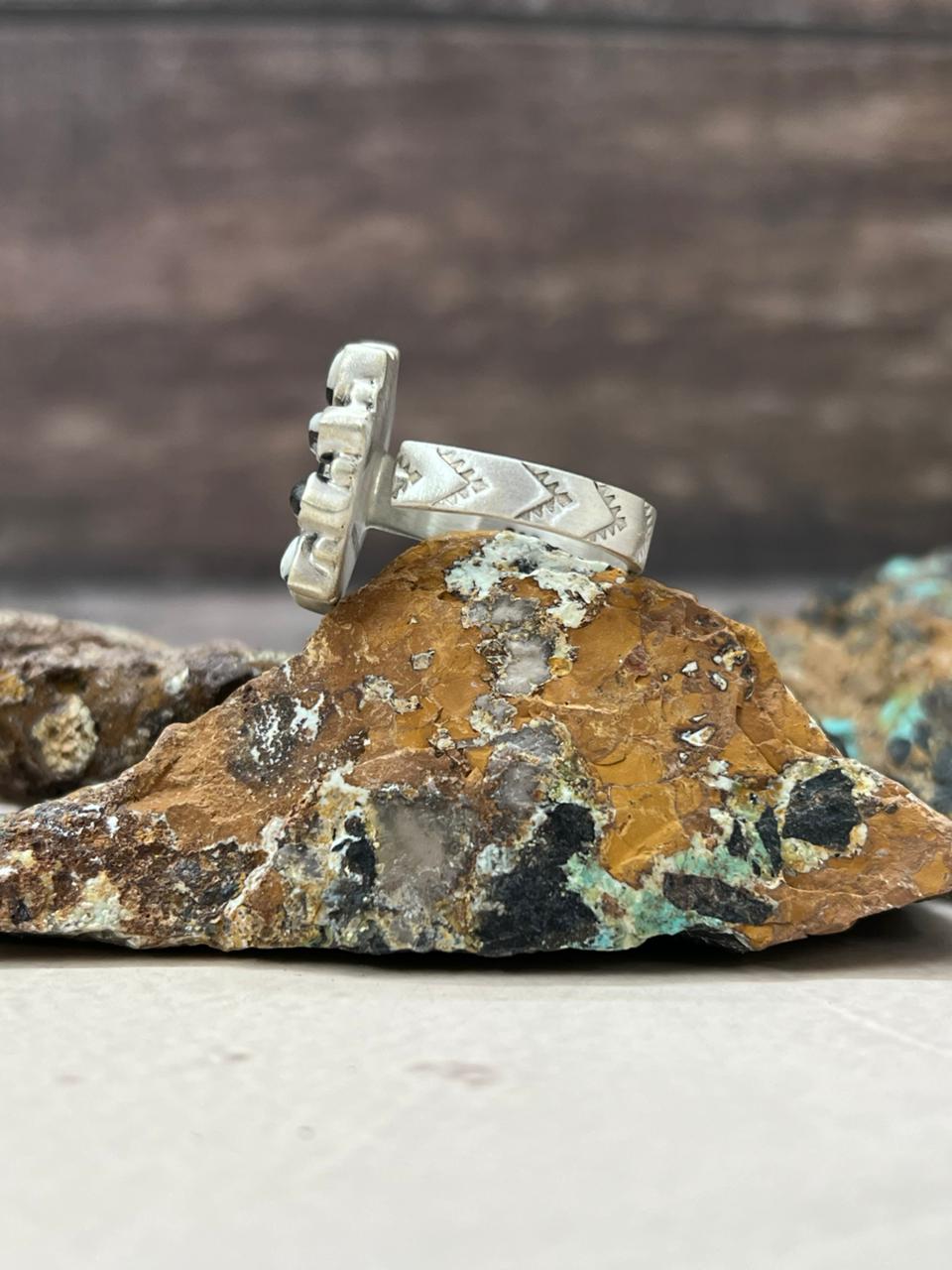 Handmade Sterling Silver White Buffalo Turquoise Adjustable Ring "Signed Nizhoni"