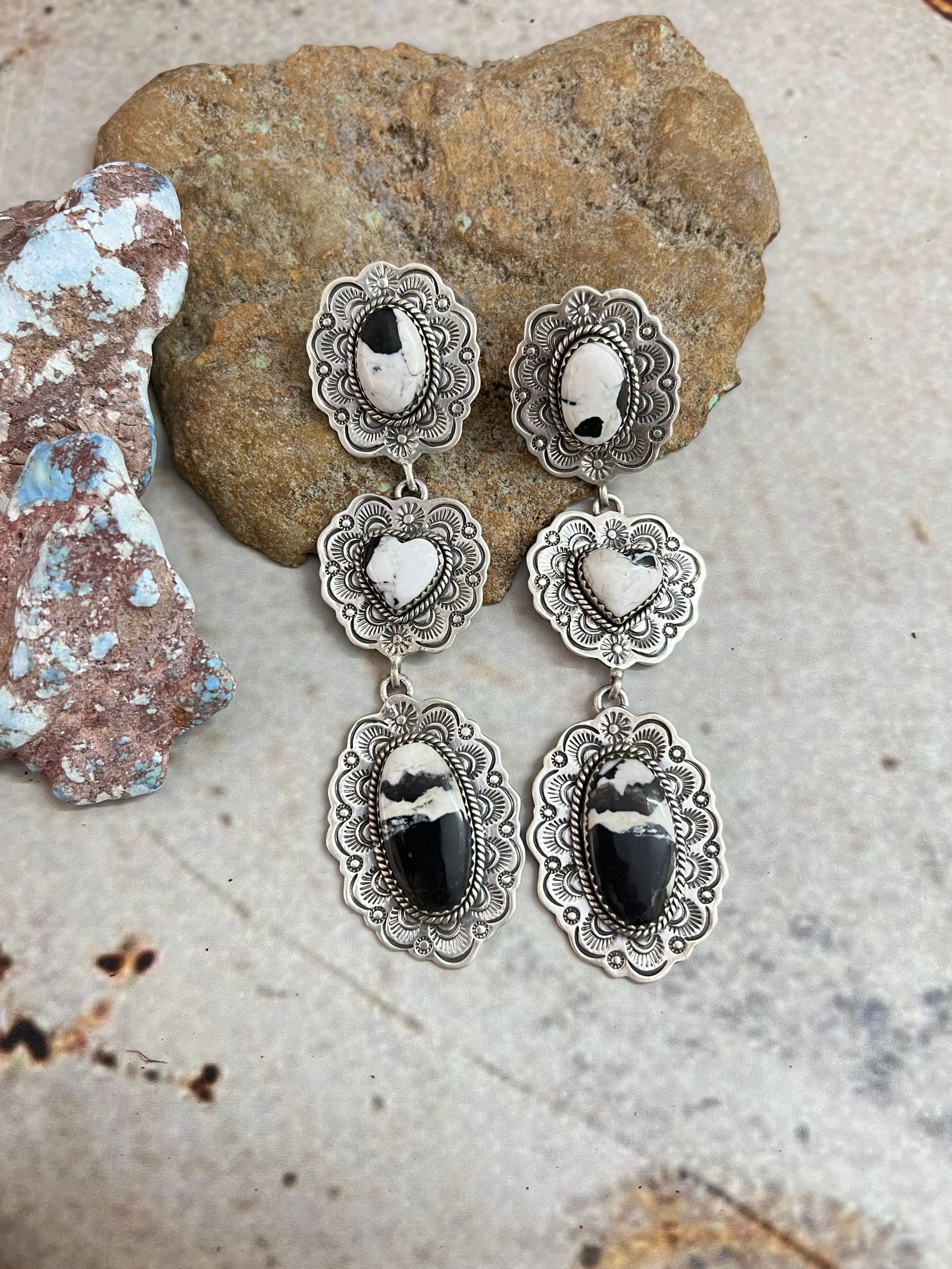 Handmade Sterling Silver White Buffalo Post Dangle Earrings with Signed Nizhoni