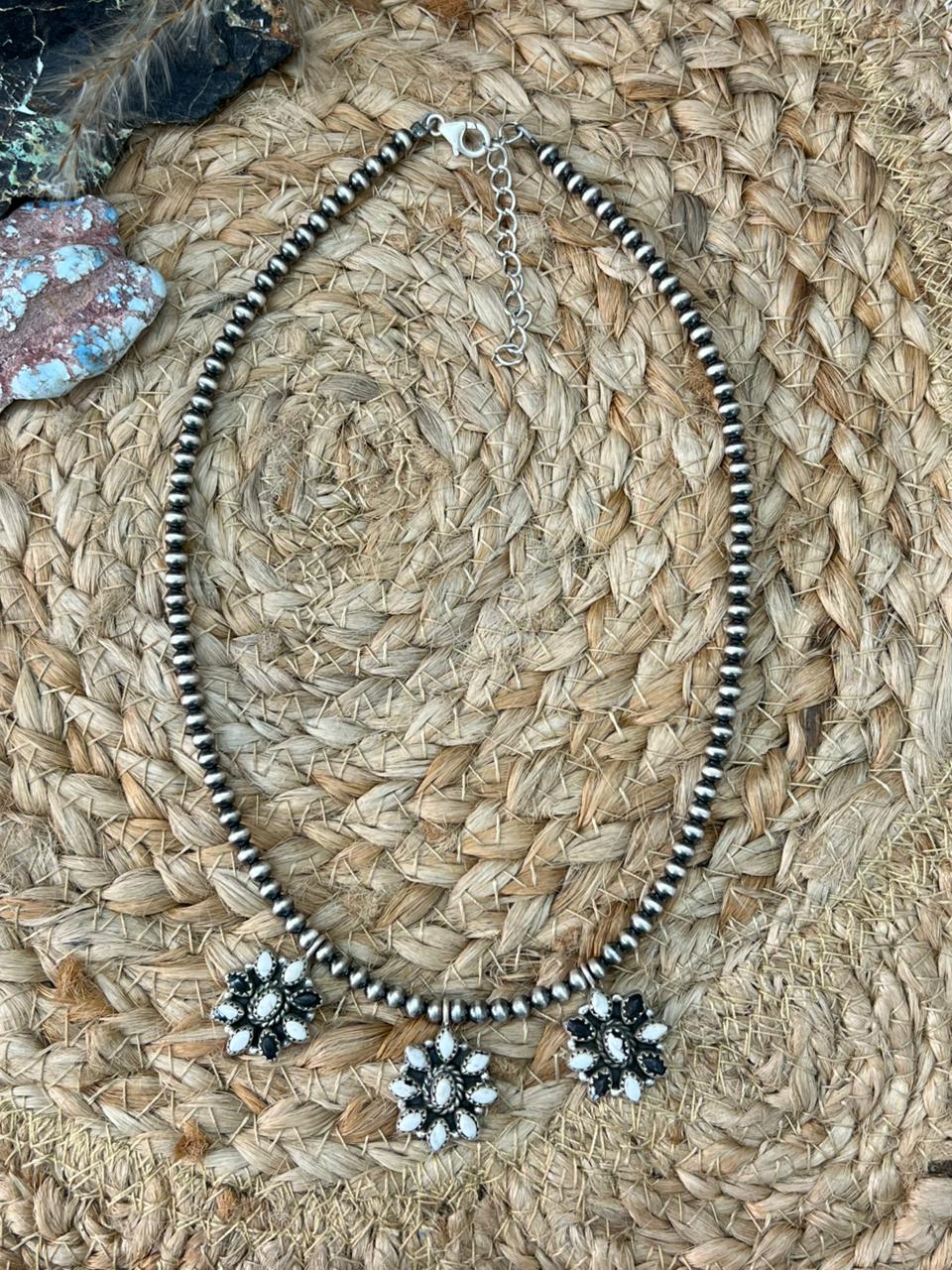 Handmade Sterling Silver White Buffalo Beaded Necklace "Signed Nizhoni"
