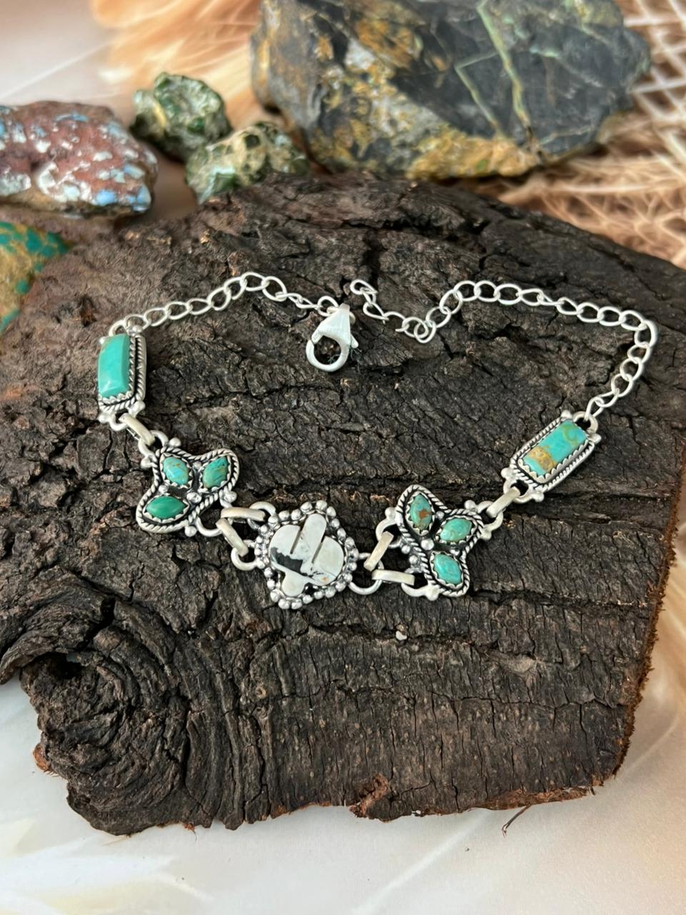 Handmade Sterling Silver Kingman Turquoise with White Buffalo Chain Bracelet "Signed Nizhoni"