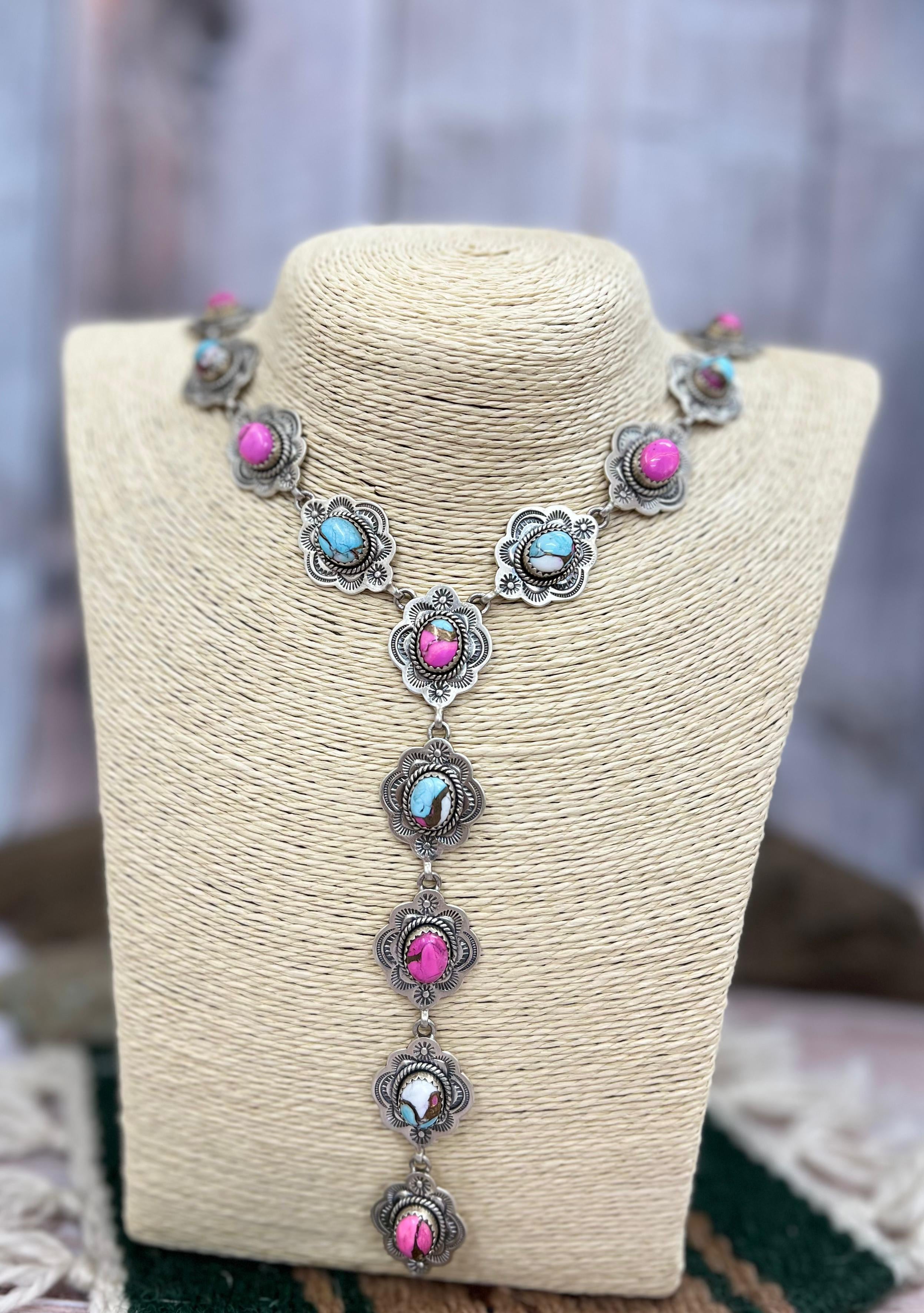 Handmade Sterling Silver Cotton Candy Turquoise Necklace with Signed Nizhoni