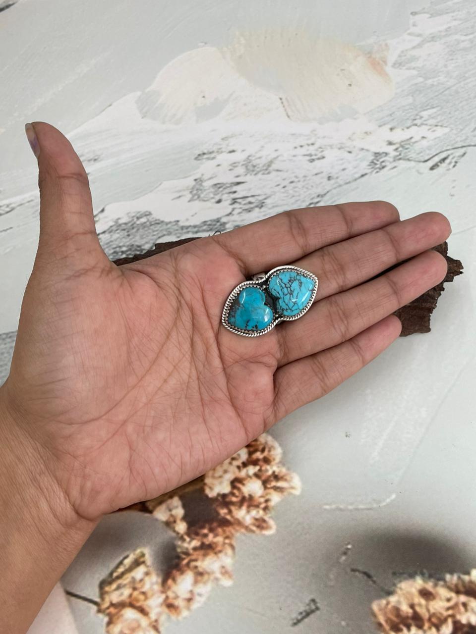 Handmade Sterling Silver Arizona Turquoise Heart Adjustable Ring "Signed Nizhoni"
