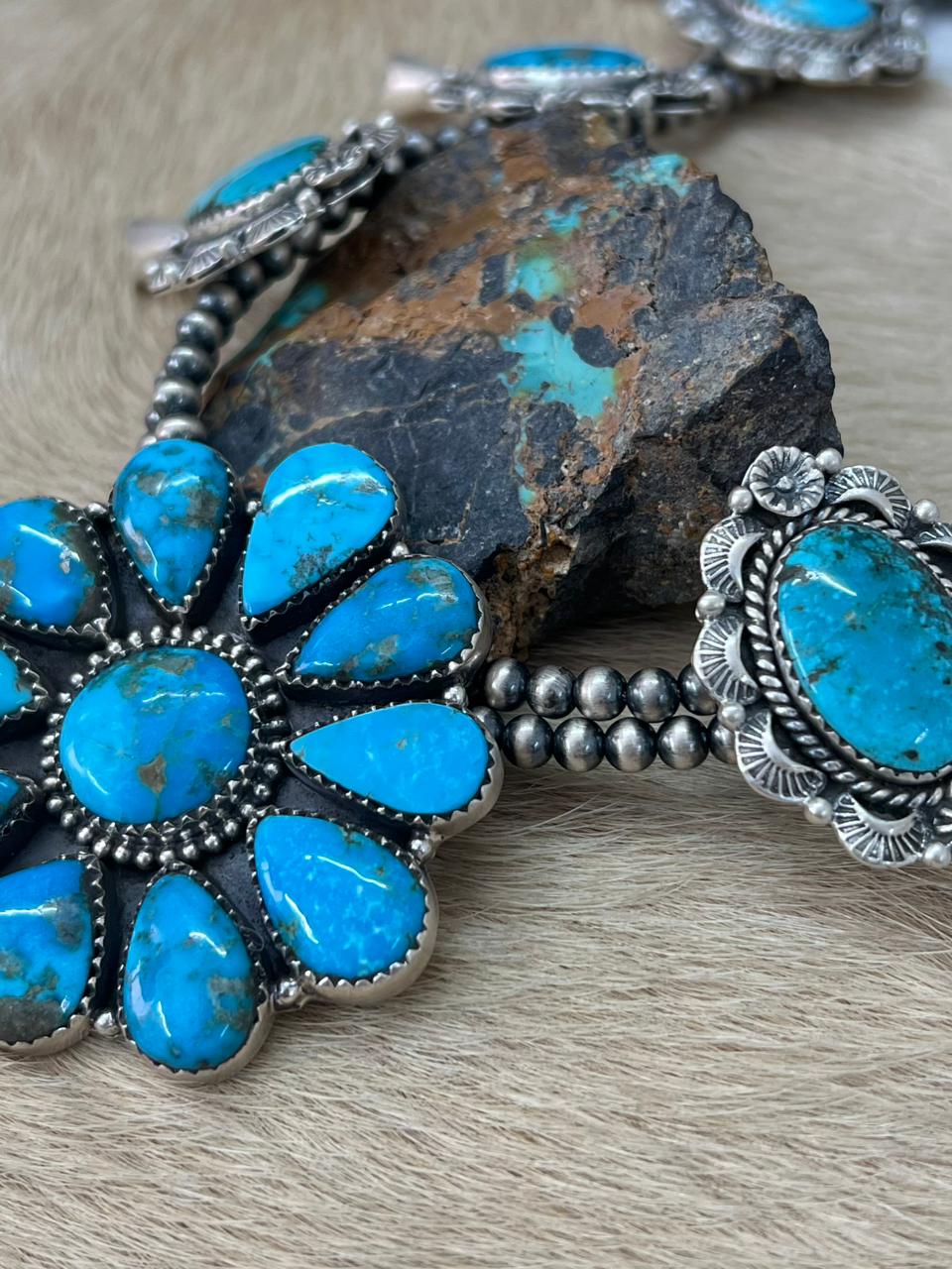 Handmade Sterling Silver Beaded Arizona Blue Turquoise Squash Blossom Necklace "Signed Nizhoni"