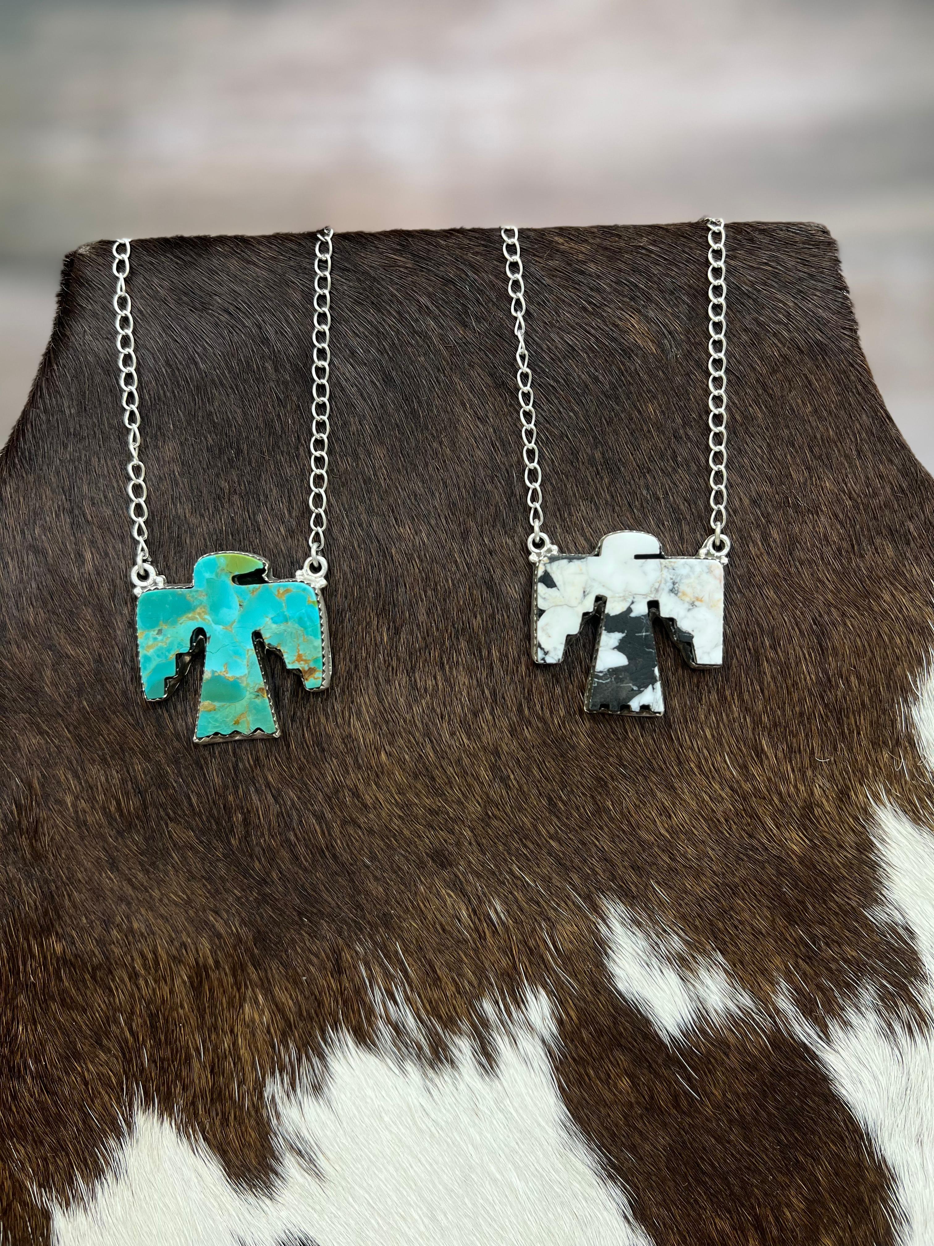 Handmade Sterling Silver White Buffalo, Kingman Turquoise Thunder Bird Necklace, Signed Nizhoni (2)
