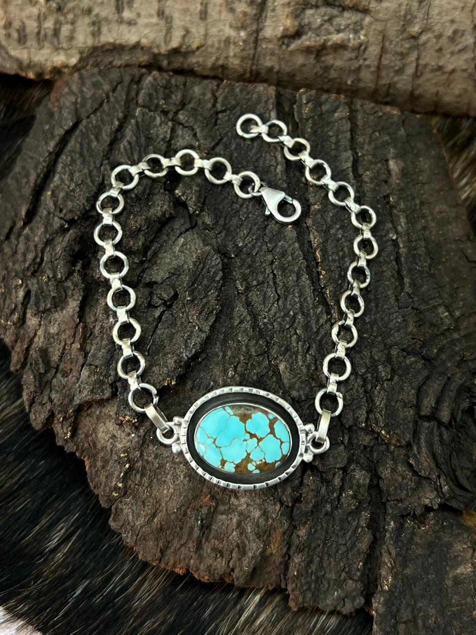 Handmade Sterling Silver Number 8 Turquoise Chain Bracelet "Signed Nizhoni"