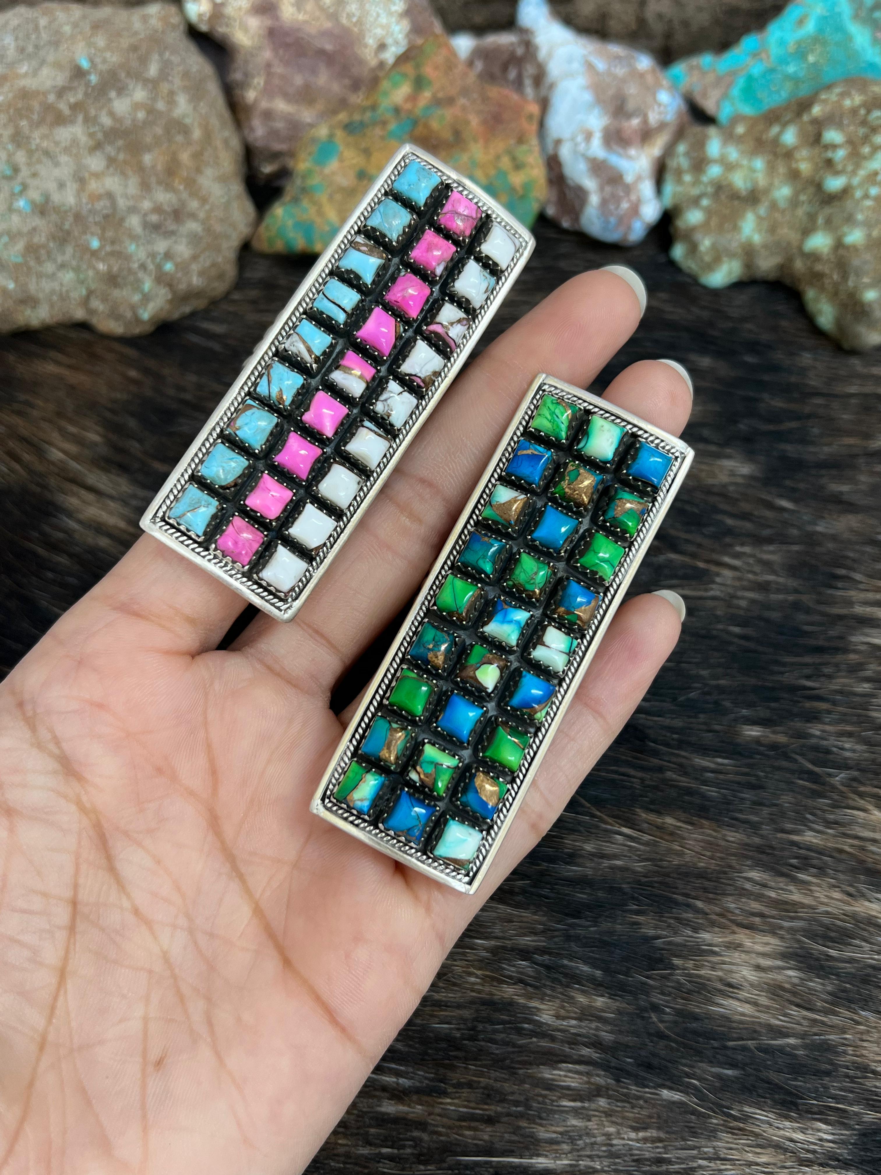 Handmade Sterling Silver Cotton Candy Turquoise, Peacock Dahlia Adjustable Rings with Signed Nizhoni