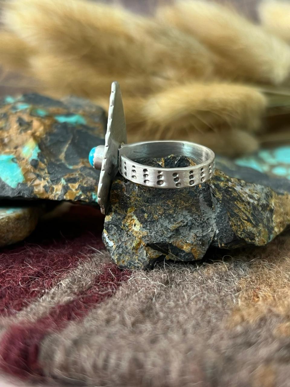 Handmade Sterling Silver Blue Turquoise Adjusatble Ring "Signed Nizhoni"