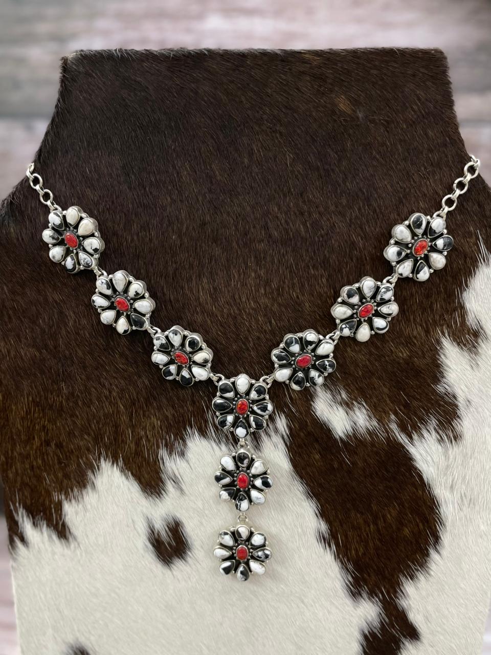 Handmade Sterling Silver White Buffalo with Red Opal Necklace "Signed Nizhoni"