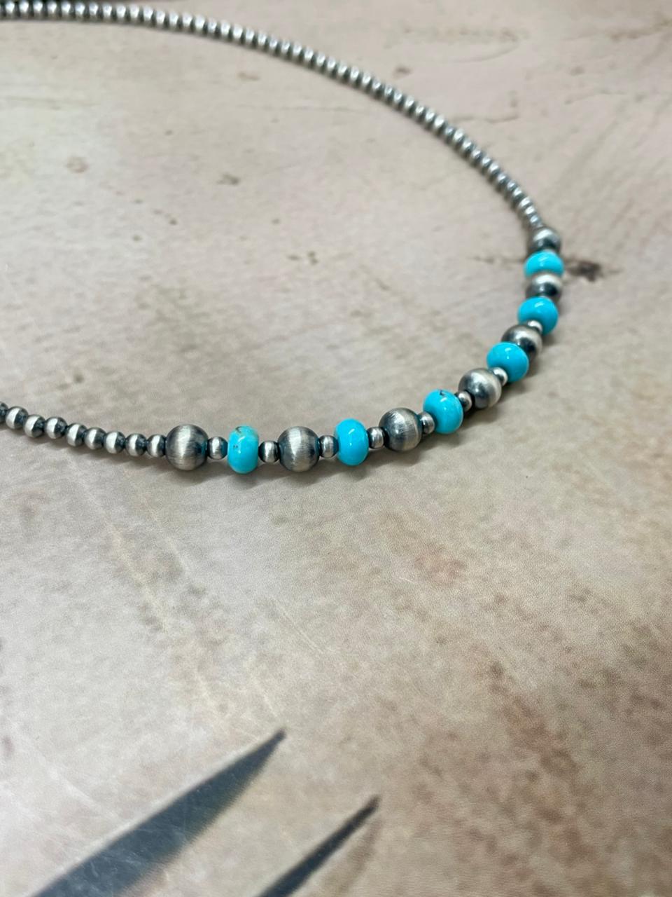 Handmade Sterling Silver Kingman Turquoise Beaded Necklace "Signed Nizhoni" (6)