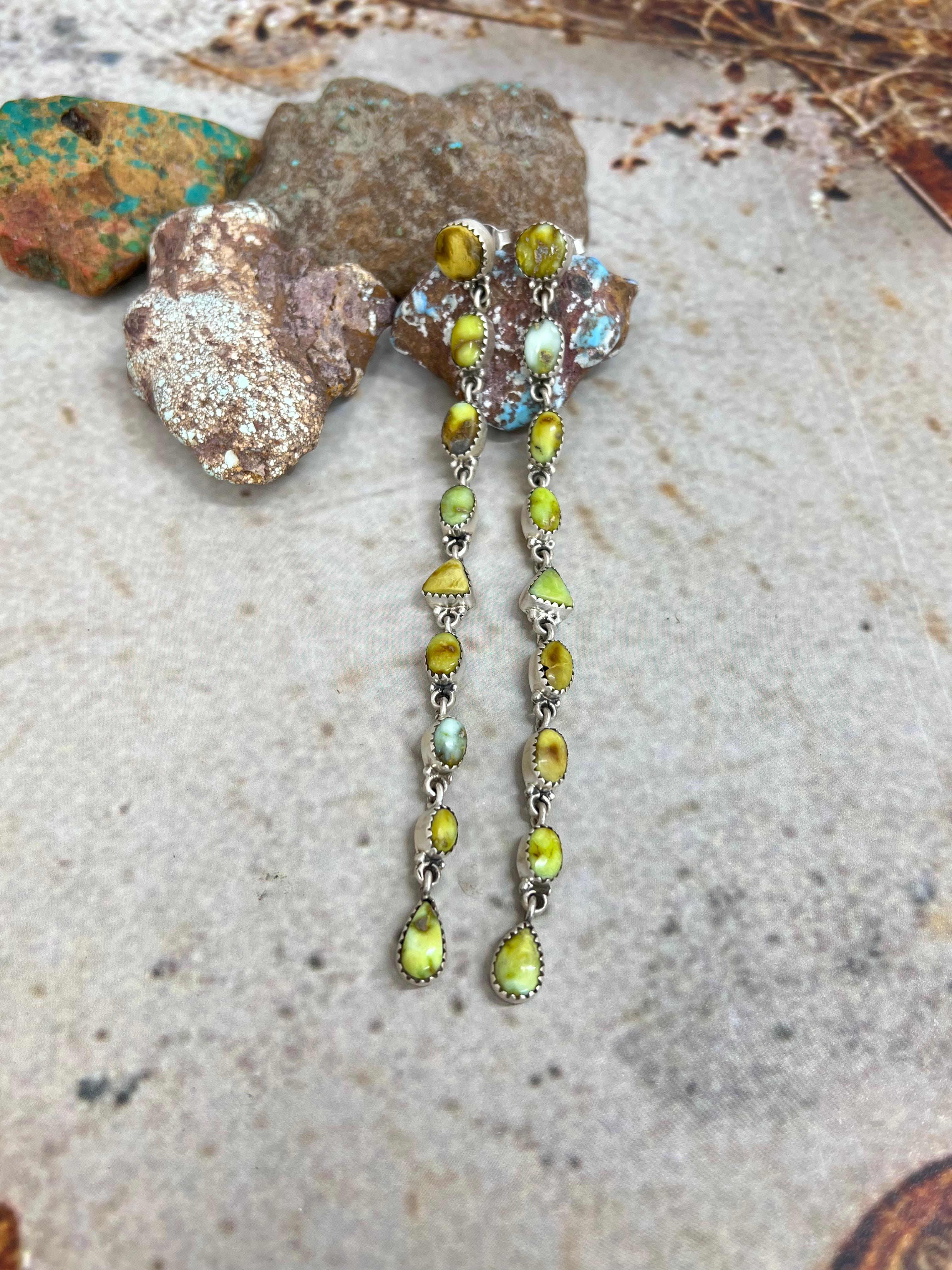 Handmade Sterling Silver Palomino Turquoise Post Dangle Earrings with Signed Nizhoni