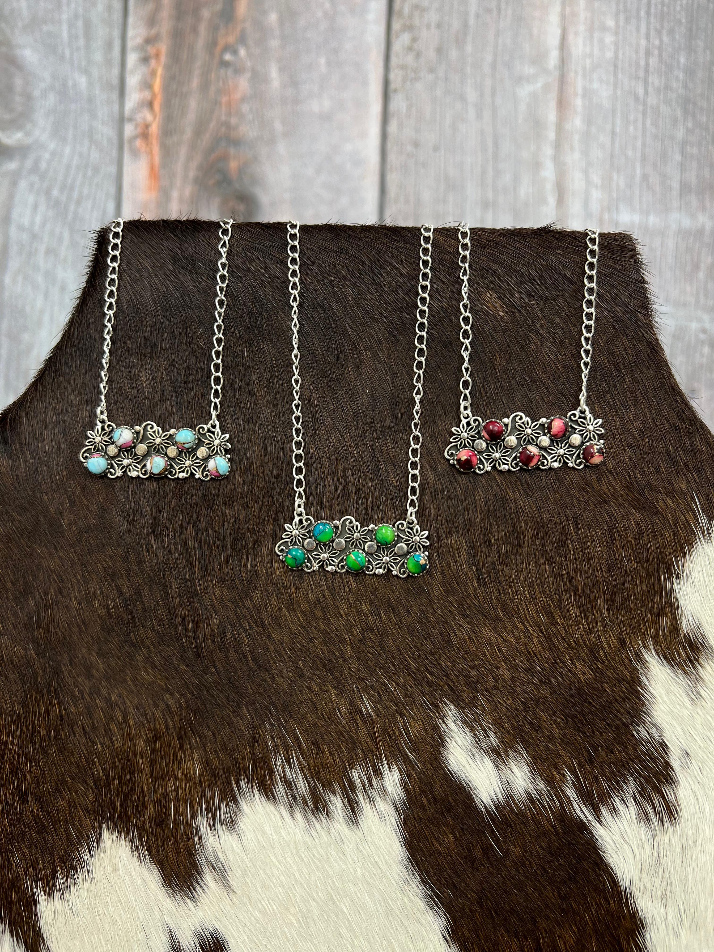 Handmade Sterling Silver Peacock Dahlia, Dahlia Rose, Cotton Candy Turquoise Necklace with Signed Nizhoni