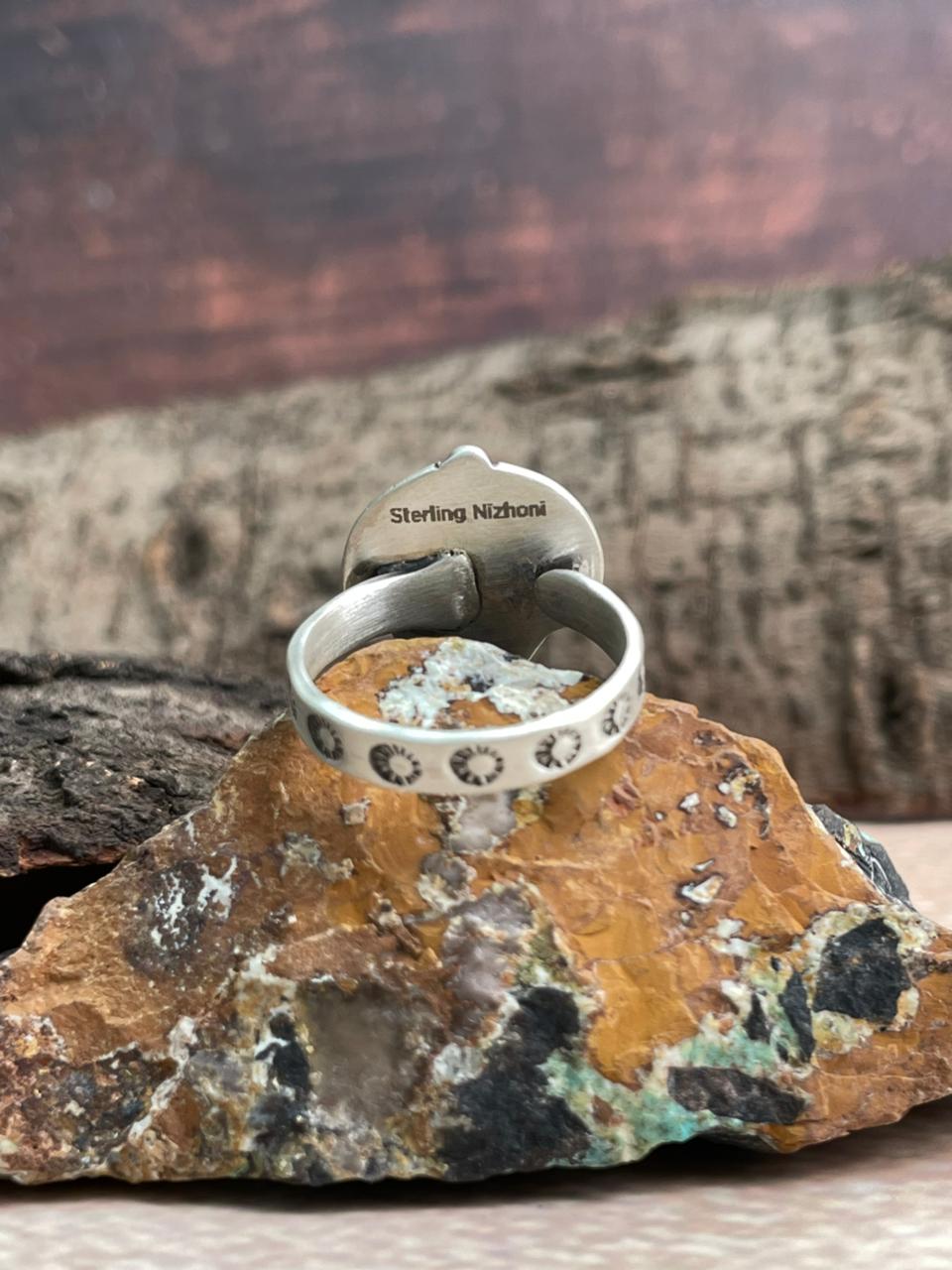 Handmade Sterling Silver Number 8 Turquoise Adjustable Ring "Signed Nizhoni"