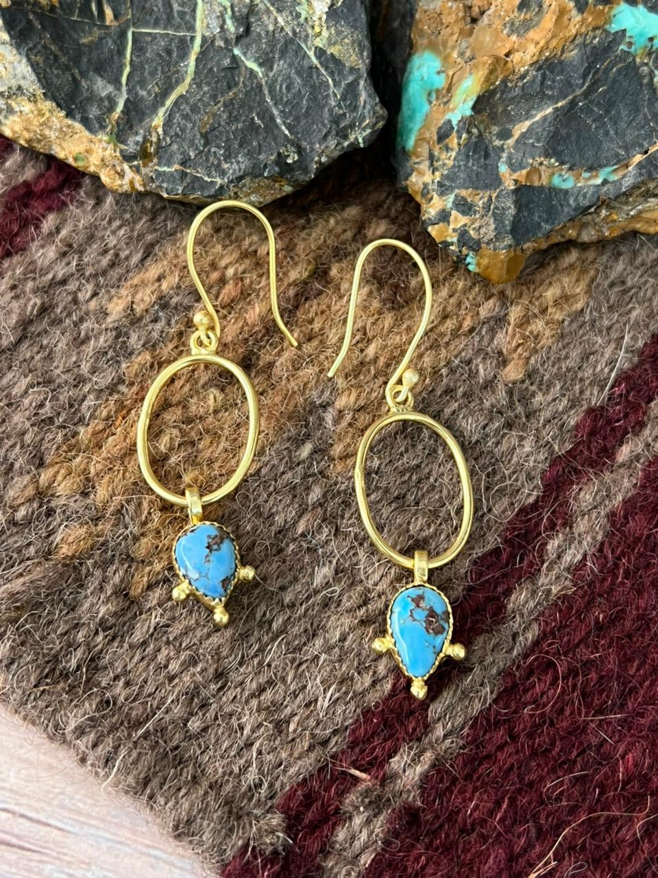“The Golden Collection” Handmade Natural Golden Hills Turquoise Hoop Dangle Earrings