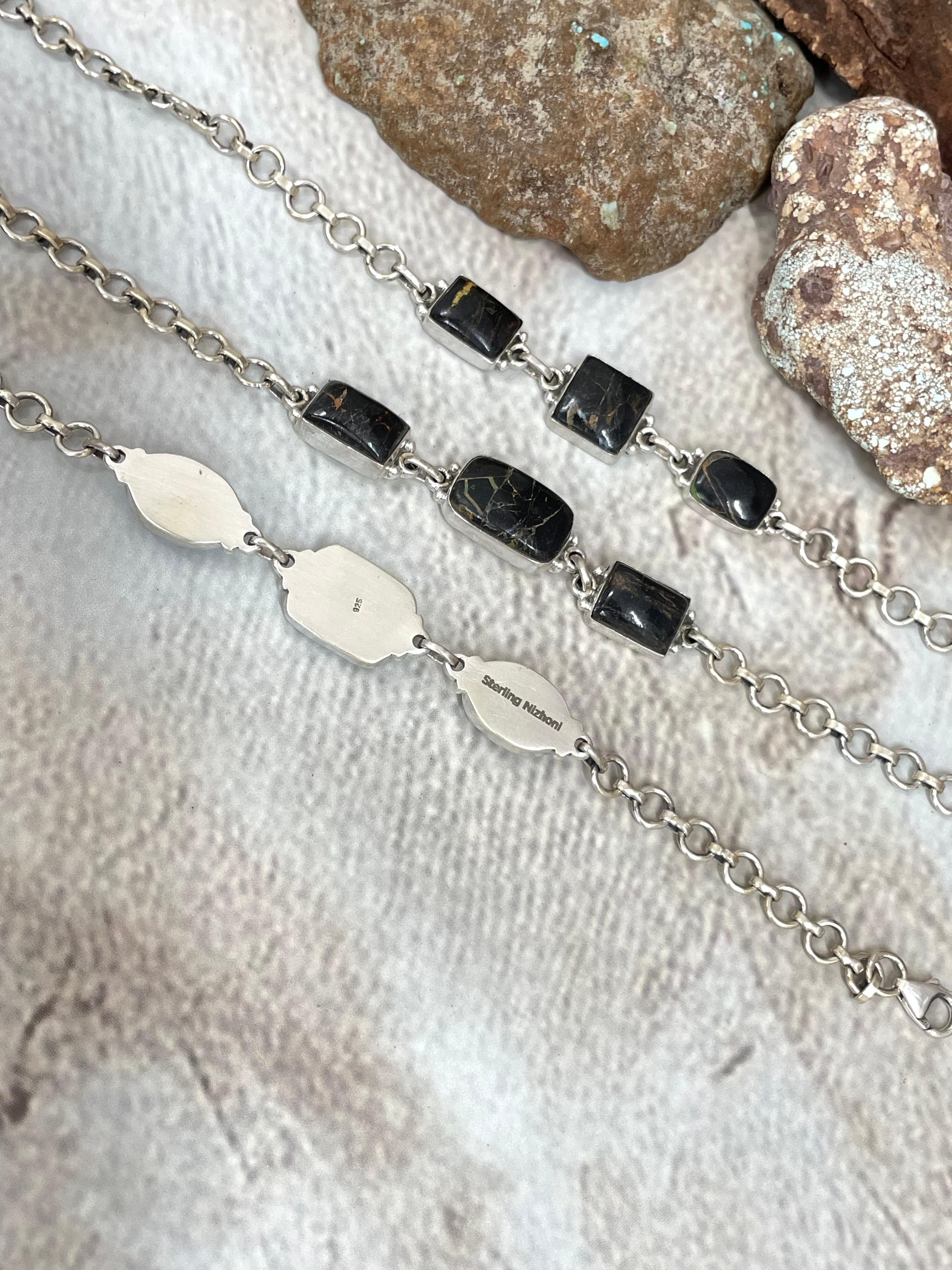 Handmade Sterling Silver Blackjack Turquoise Chain Bracelet Signed Nizhoni