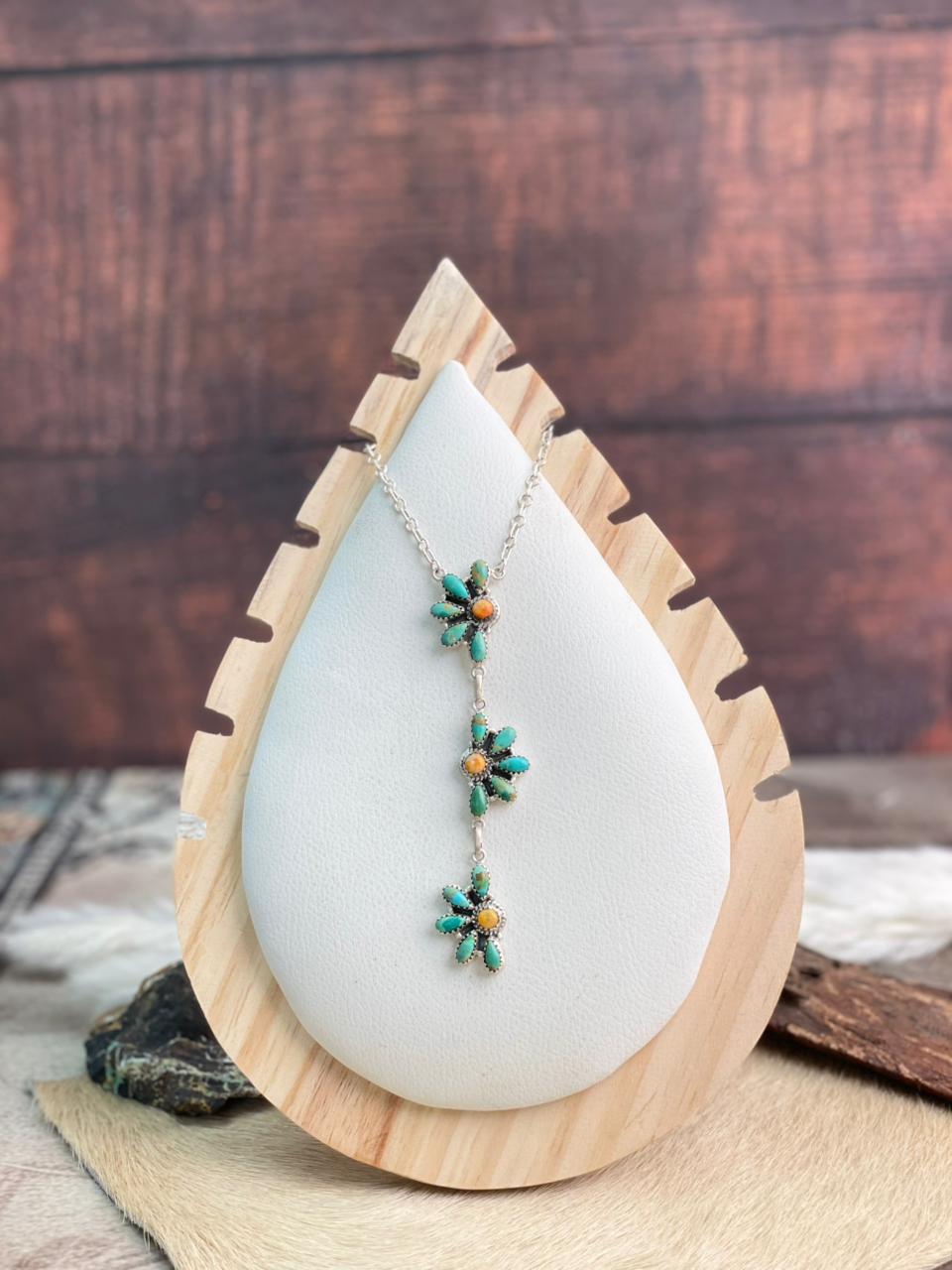 Handmade Sterling Silver Kingman Turquoise with Orange Mojave Necklace "Signed Nizhoni"