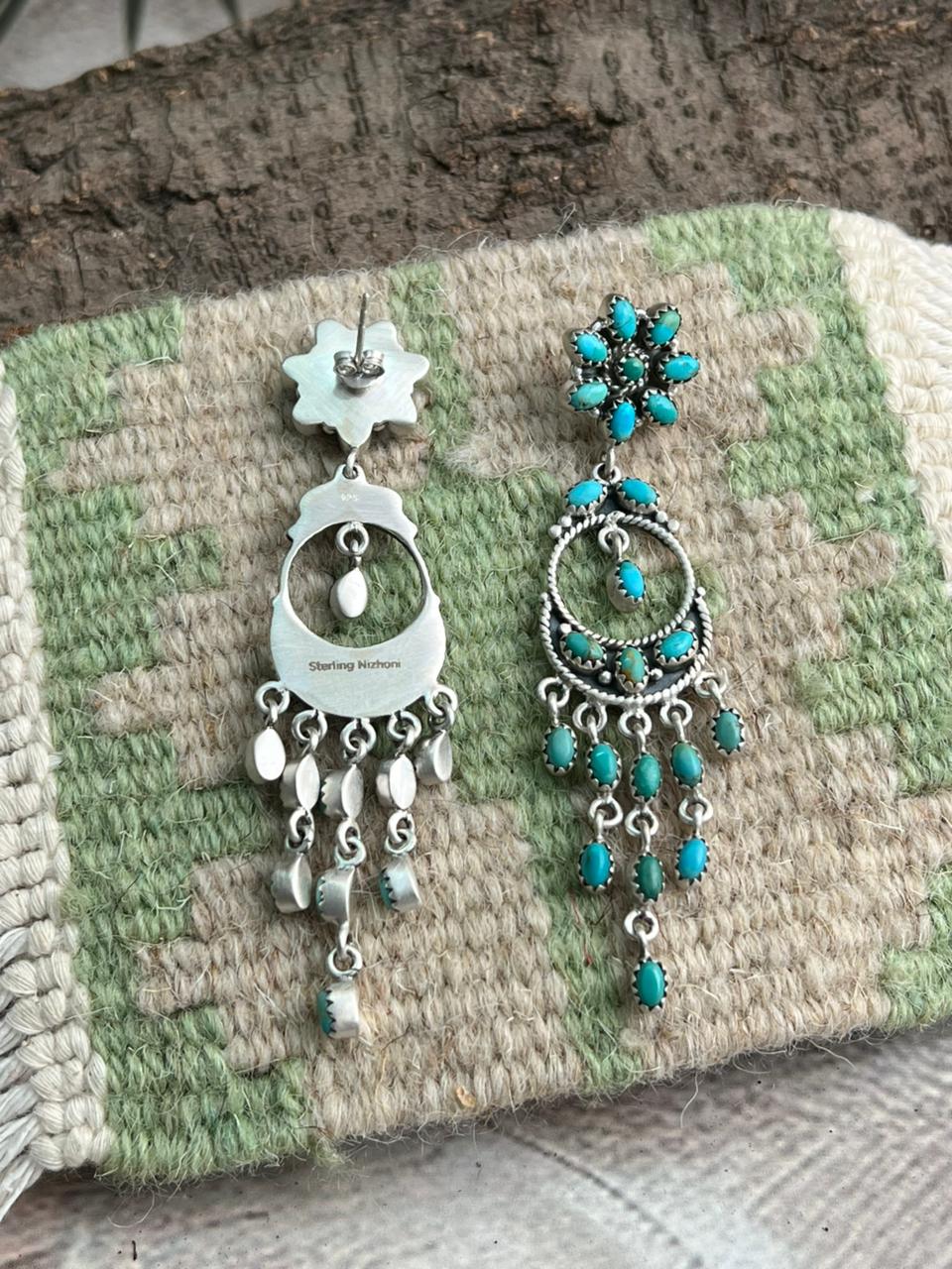 Handmade Sterling Silver Kingman Turquoise Post Dangle Earrings "Signed Nizhoni"