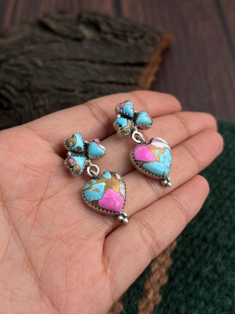 "Heart Collection" Handmade Sterling Silver Cotton Candy Post Dangle Earrings "Signed Nizhoni"