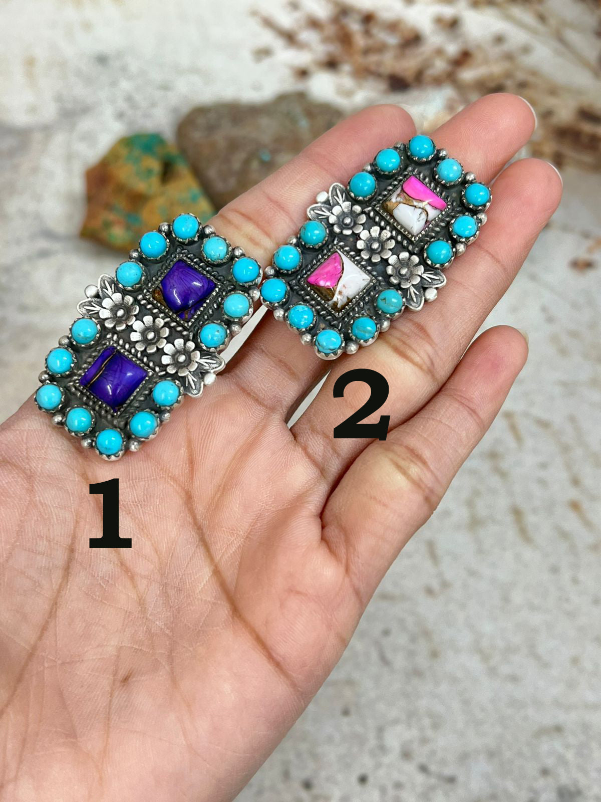 Handmade Sterling Silver Cotton Candy with Kingman, Grape Dahlia with Kingman Adjustable Ring, Signed Nizhoni