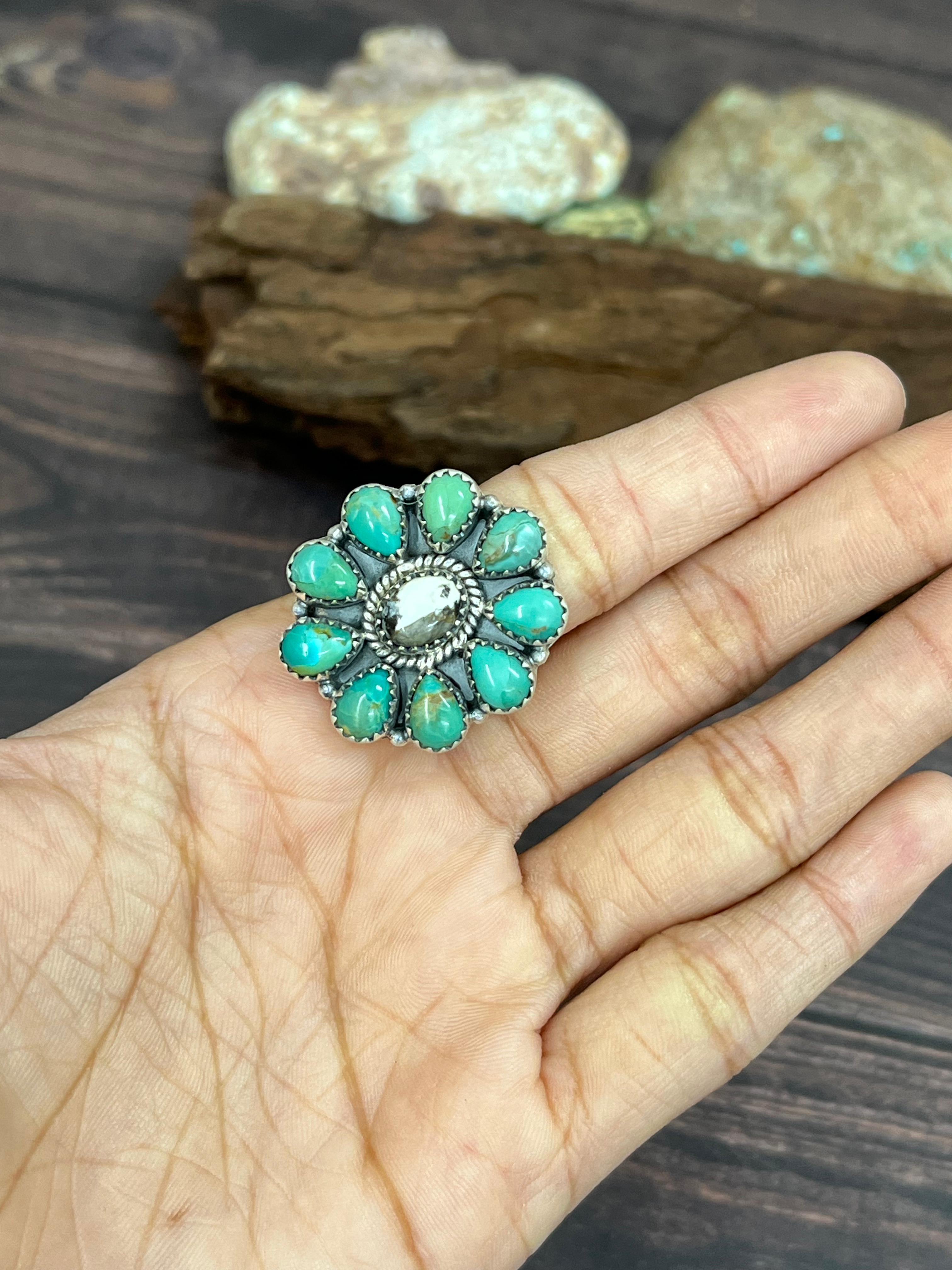 Handmade Sterling Silver Kingman with White Buffalo Turquoise Adjustable Ring with Signed Nizhoni